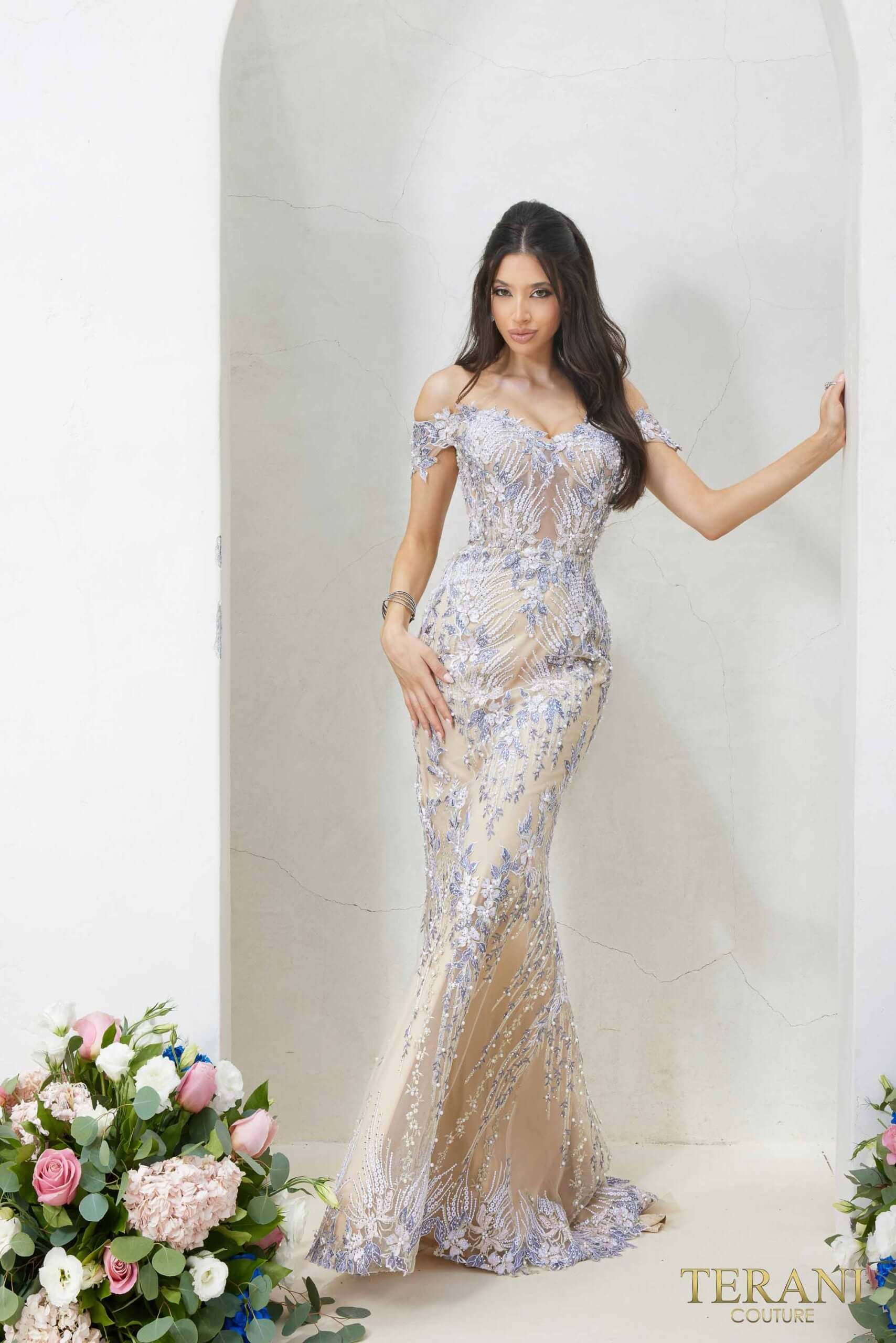Trumpet Off-Shoulder Tulle Cream Nude Evening Dress