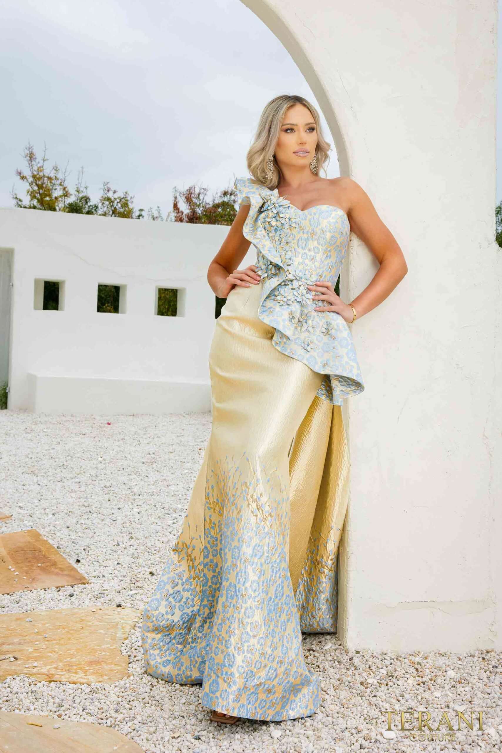 Asymmetrical Embroidered Jacquard A-Line Evening Dress Gold Gray / 10 Asymmetrical Embroidered Jacquard A-Line Evening Dress Gold Gray / 10