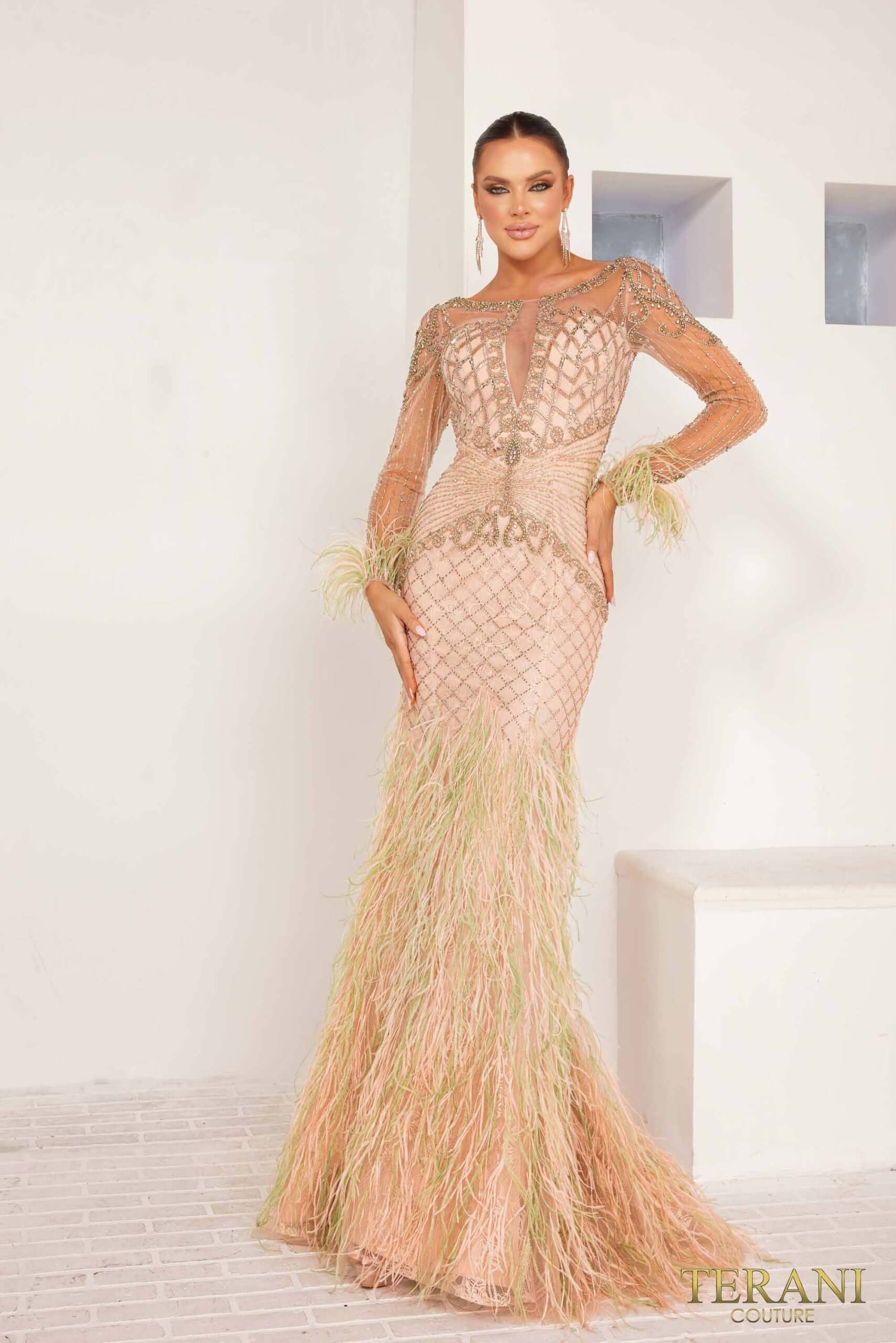 241GL2631 TERANI Long Sleeves Tulle Sage Champagne Trumpet Evening Dress