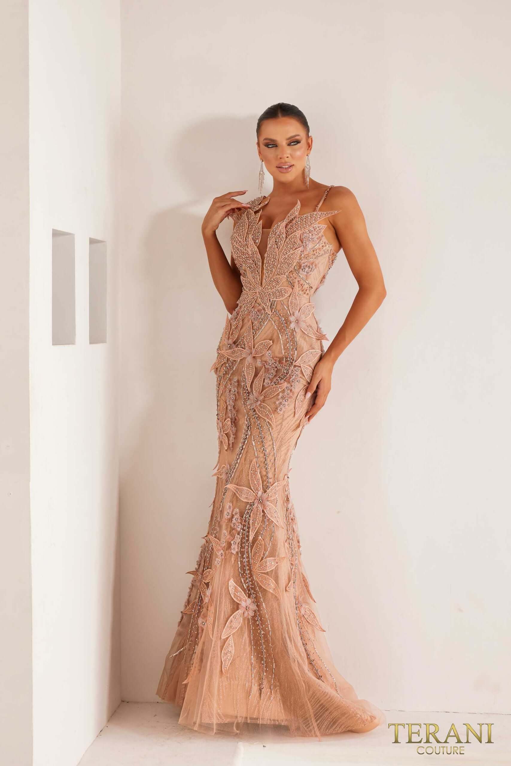 241GL2697 TERANI Asymmetrical Tulle Trumpet Blush Evening Dress 241GL2697 TERANI Asymmetrical Tulle Trumpet Blush Evening Dress