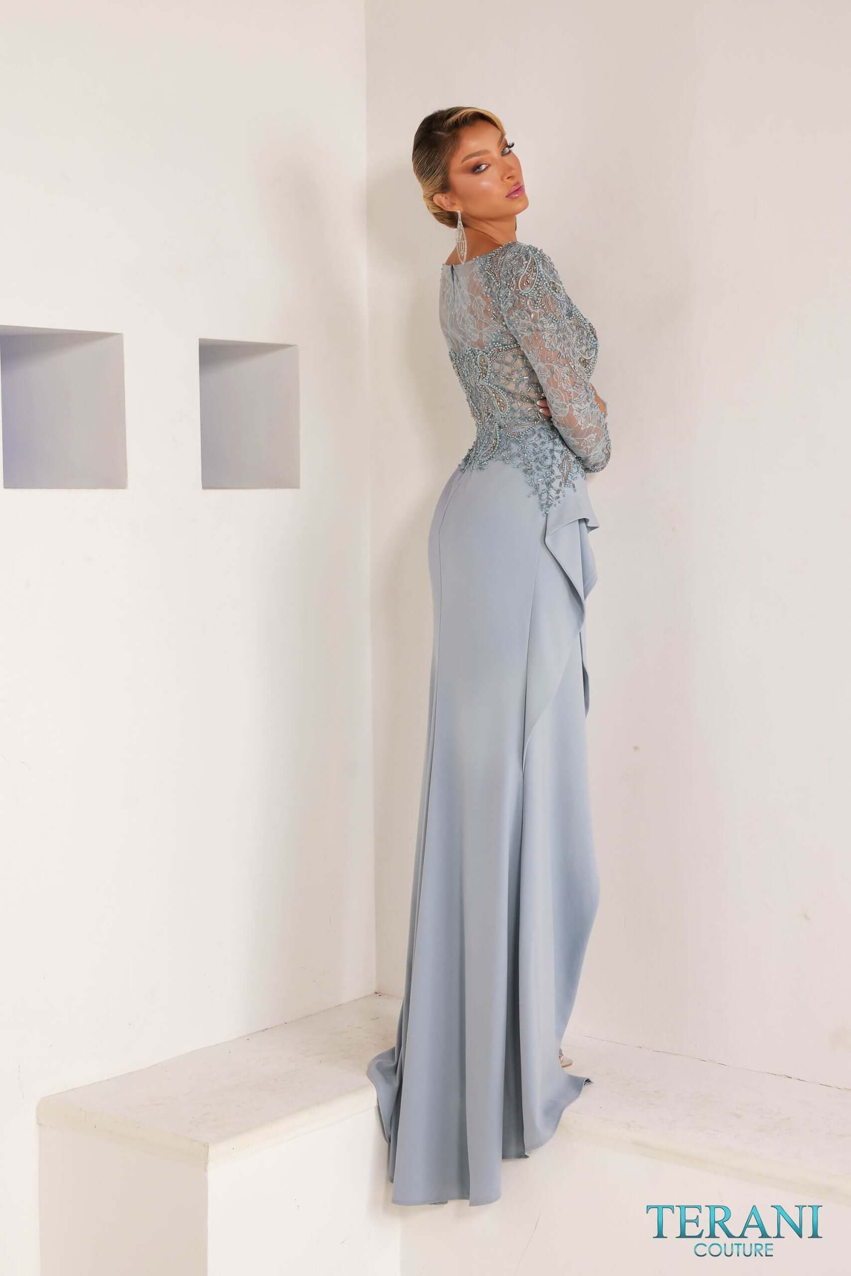 powder blue long sleeve dress Mac Duggal Women's Embellished Long Flare Sleeve Mesh A-Line Dress - Blue - Size 8