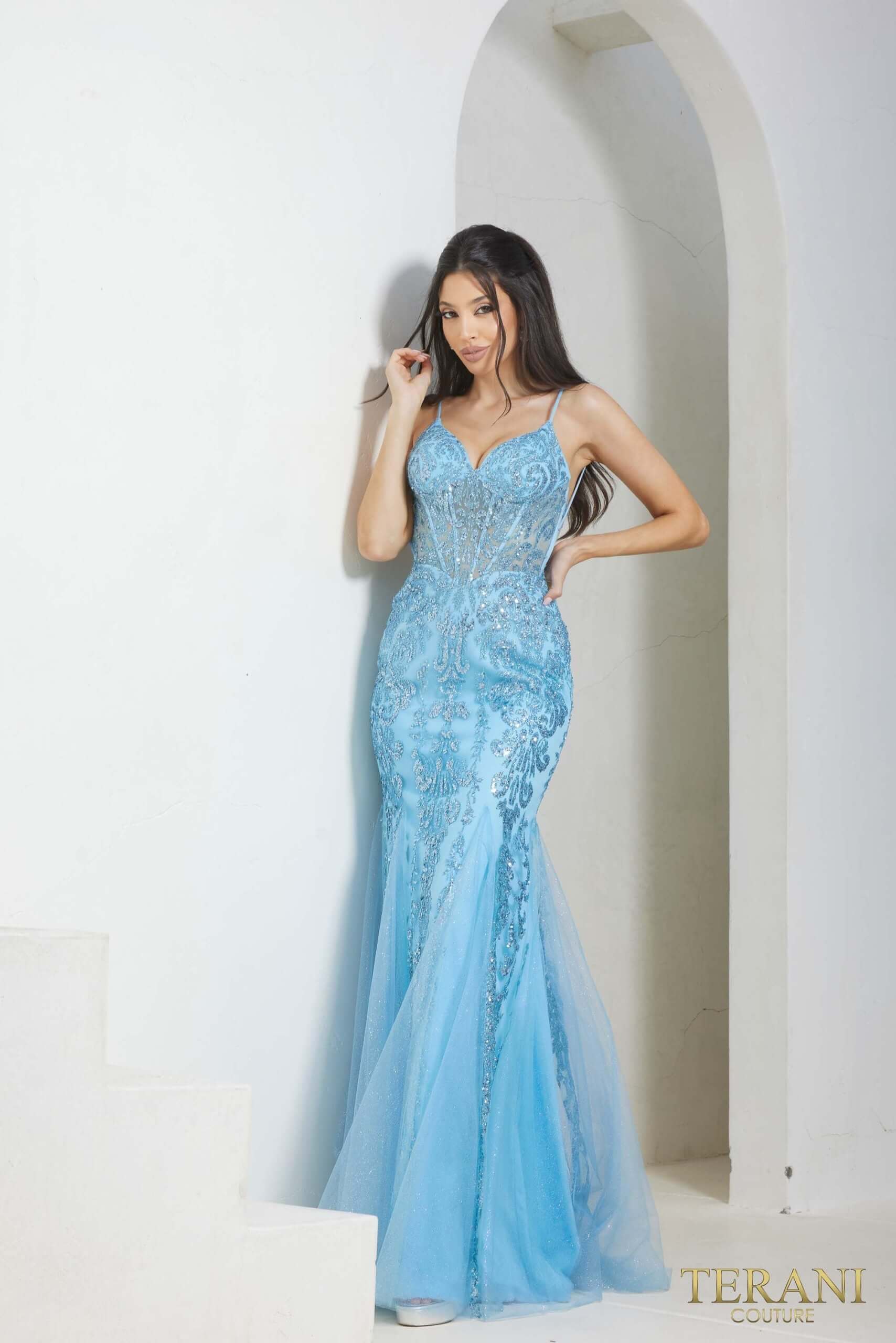 241P2294 TERANI Sleeveless Spaghetti Trumpet Long Prom Dress 241P2294 TERANI Sleeveless Spaghetti Trumpet Long Prom Dress
