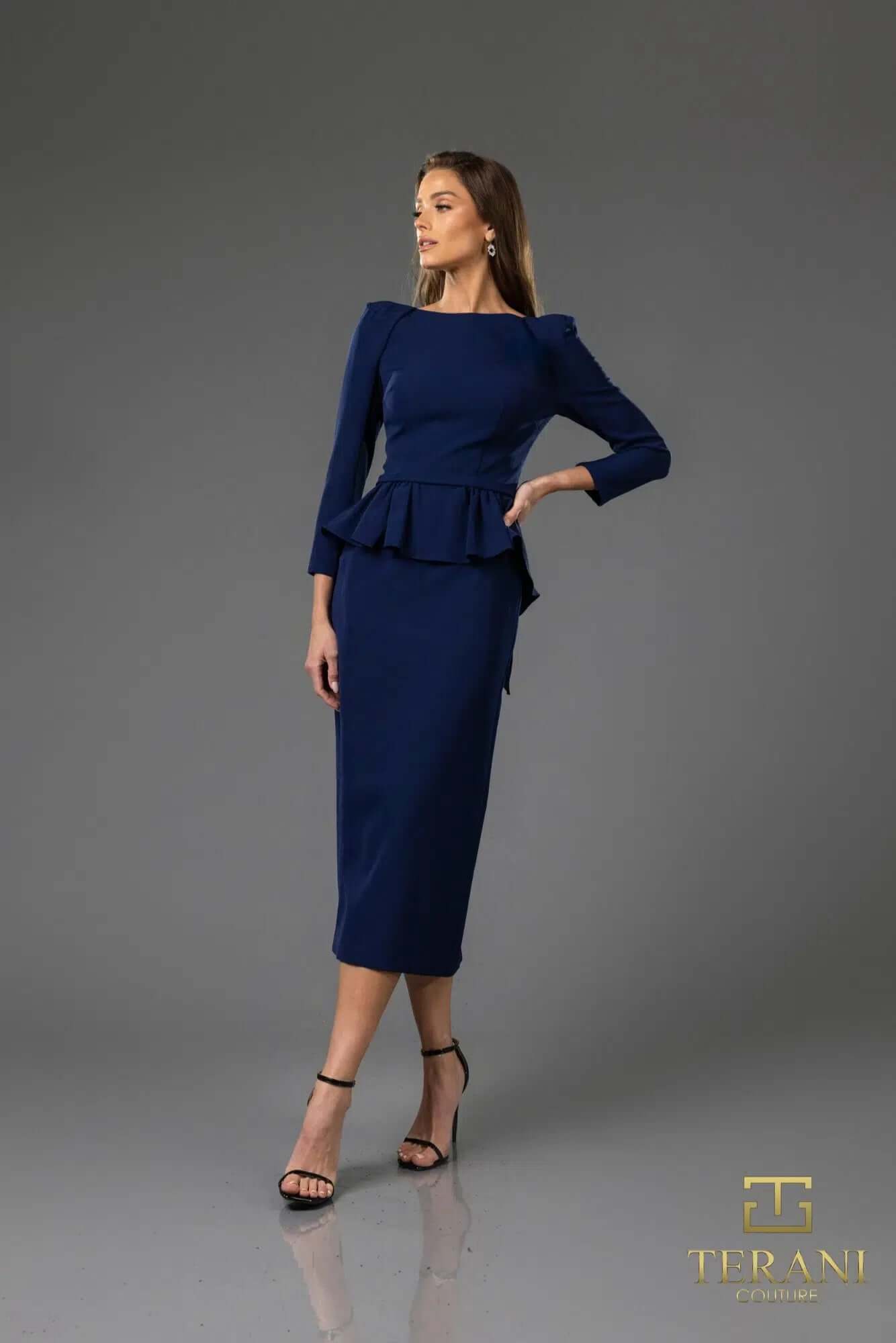 251C4638B TERANI Sheath Stretch Satin Full Sleeves Cocktail Dress