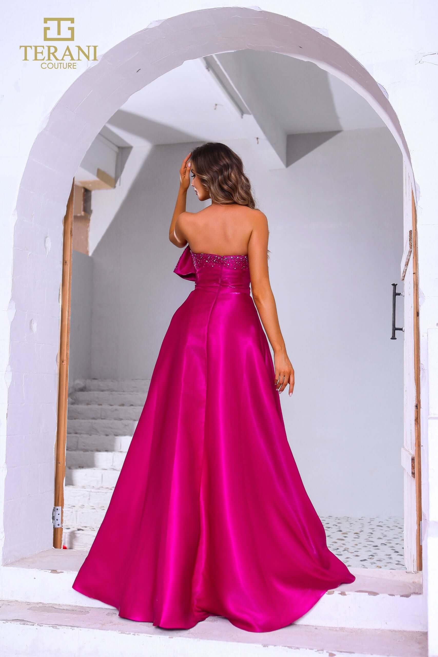 251E4051 TERANI Asymmetrical A-line Magenta Shimmer Long Evening Dress