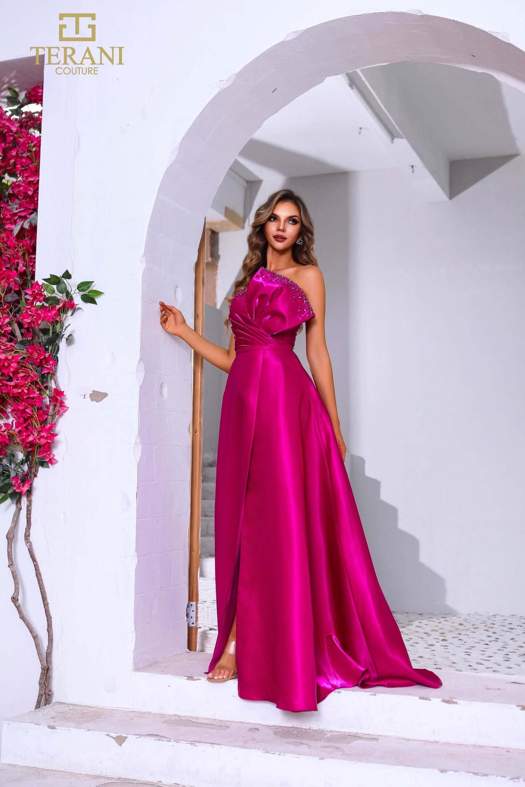 251E4051 TERANI Asymmetrical A-line Magenta Shimmer Long Evening Dress