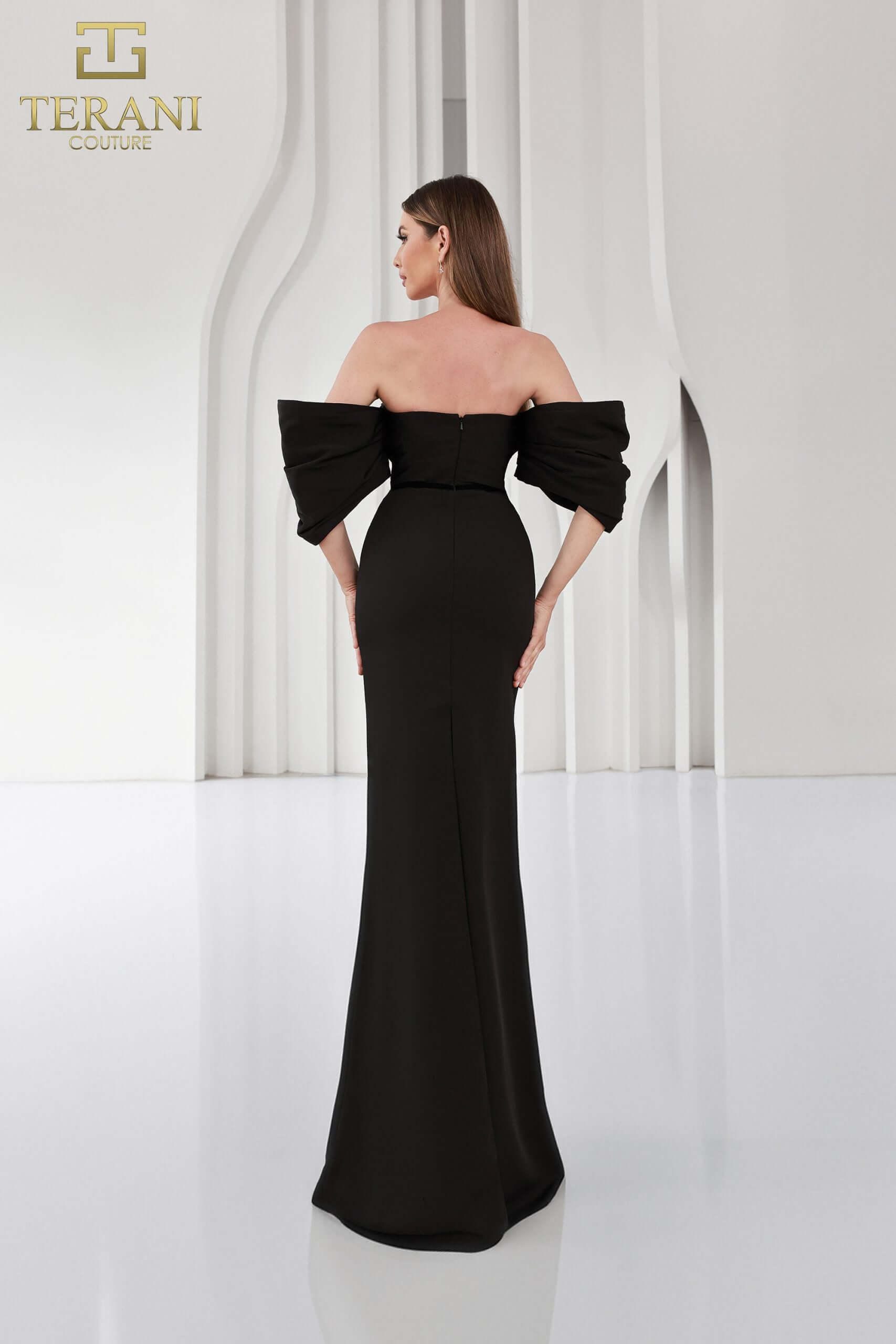251E4204 TERANI Matte Satin Off-Shoulder Back Slit Sheath Dress