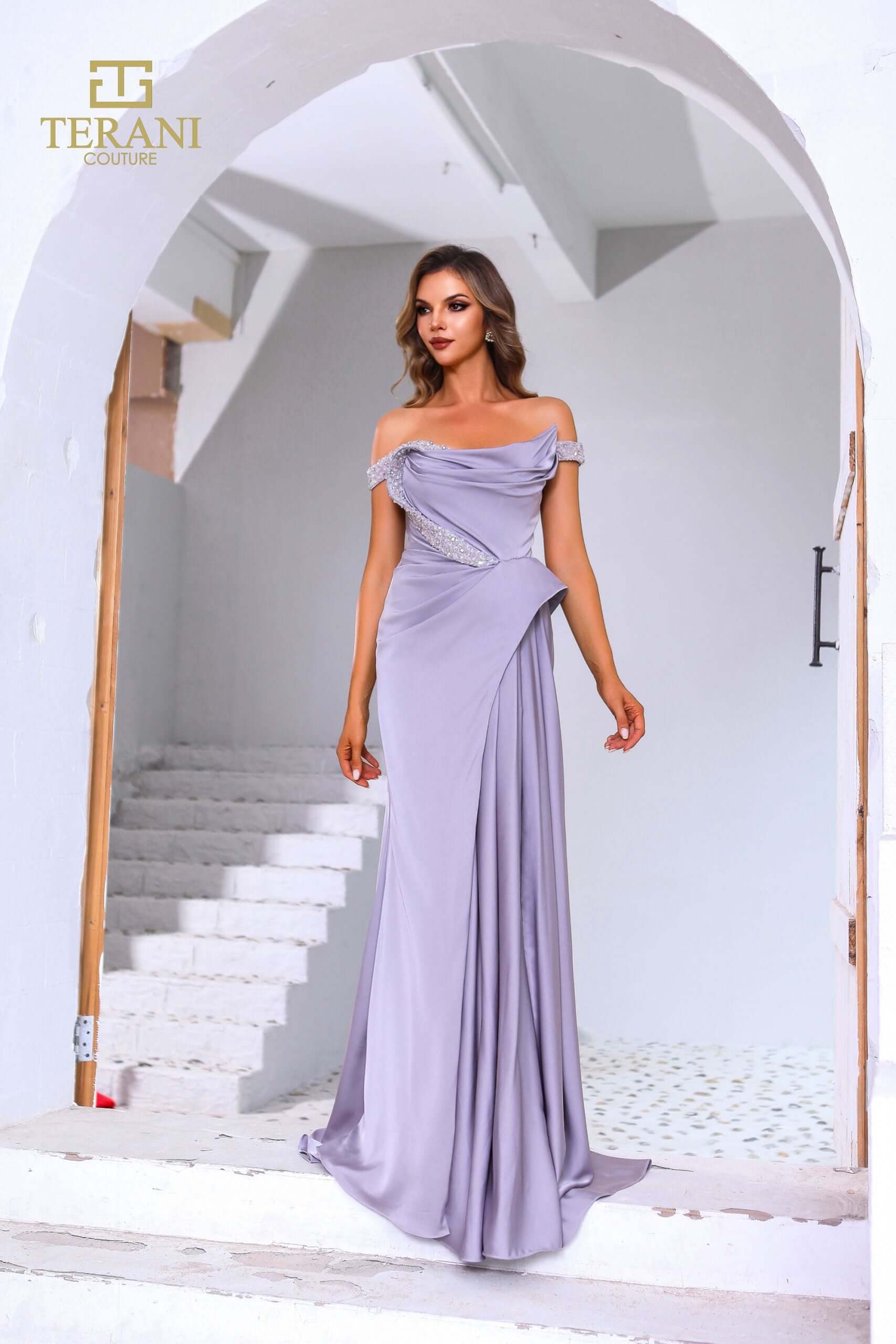 251E4220 TERANI Off Shoulder Matte Satin Column Evening Dress