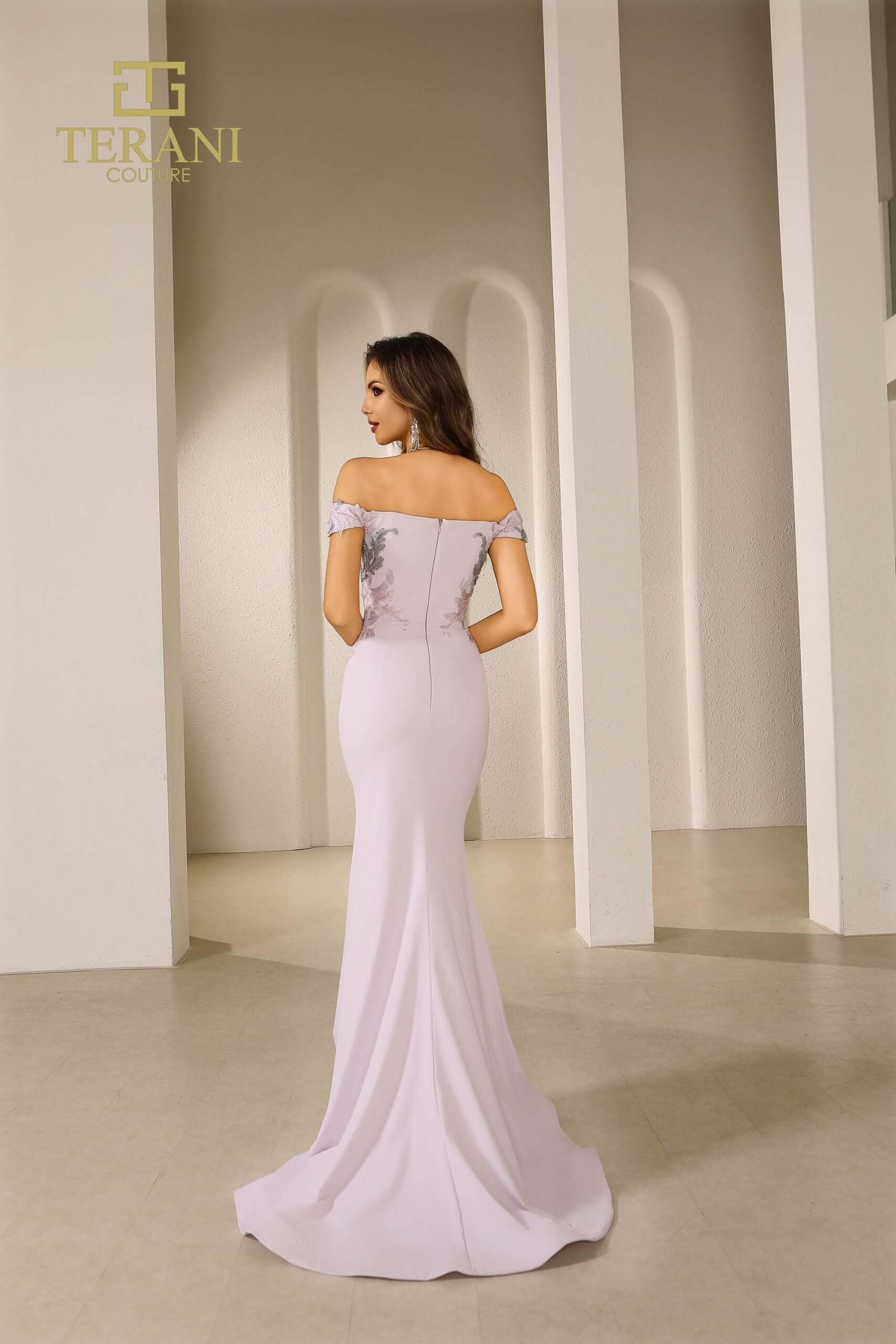 251E4237 TERANI Stretch Tafetta Fit And Flare Long Evening Dress