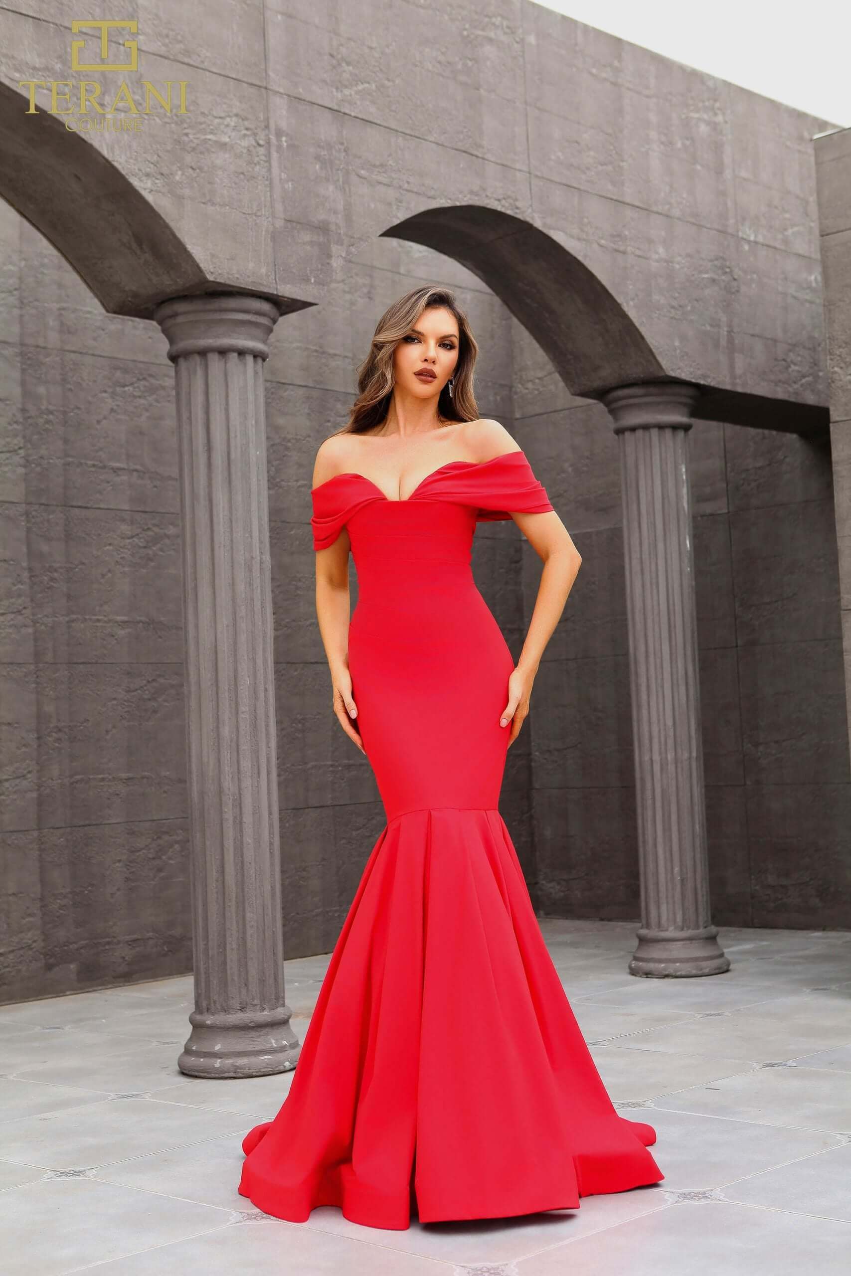 251E4271 TERANI Off The Shoulder Trumpet Evening Dress