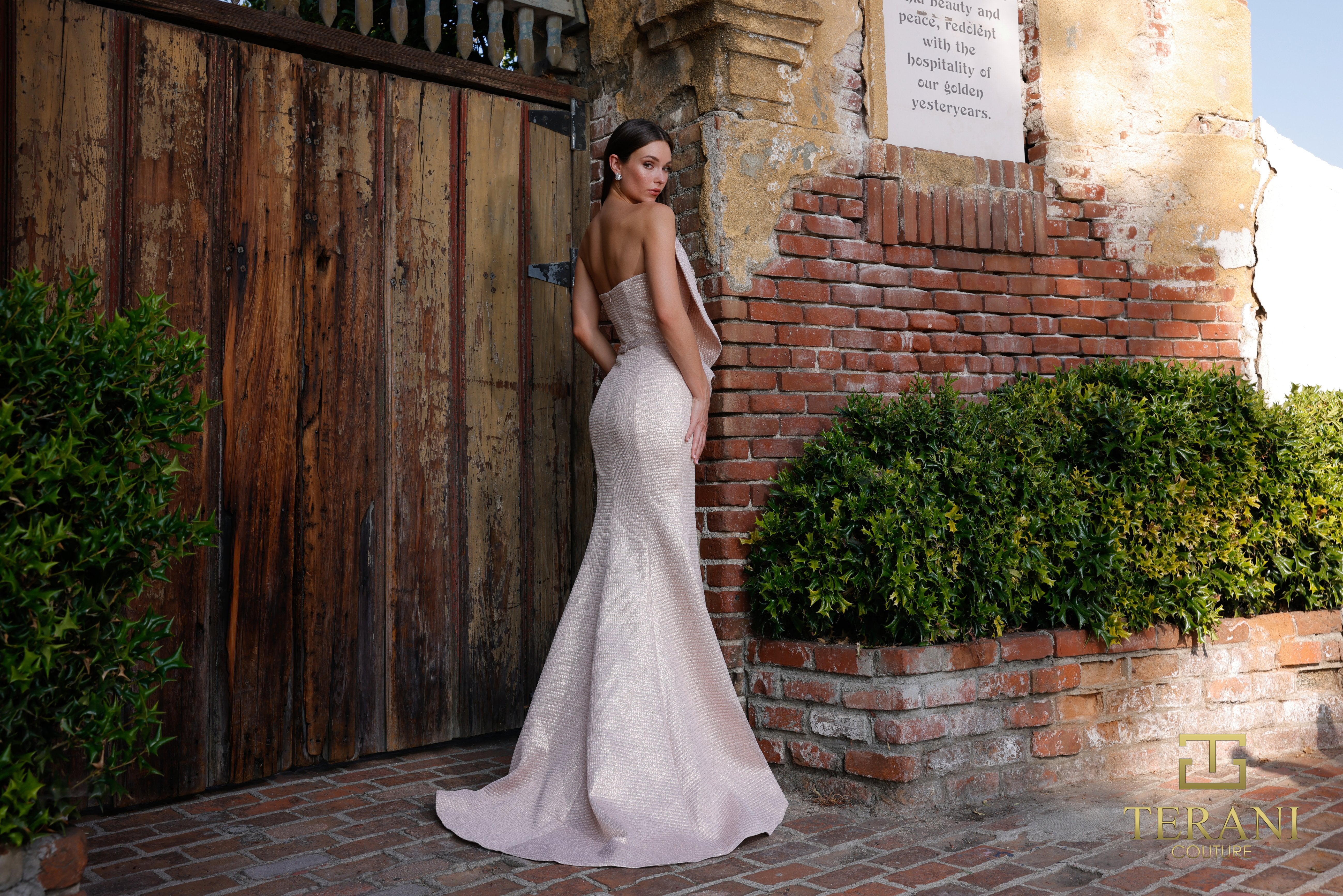 251E4276 TERANI Metallic Jacquard Trumpet Sleeveless Evening Dress Champagne / 0