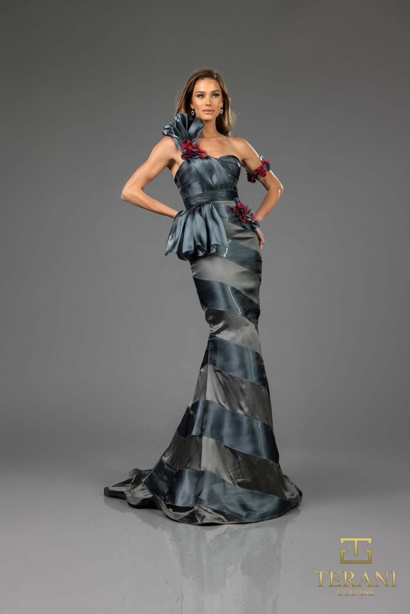 251E4284 TERANI Assyemtric Sleeveless Trumpet Long Evening Dress
