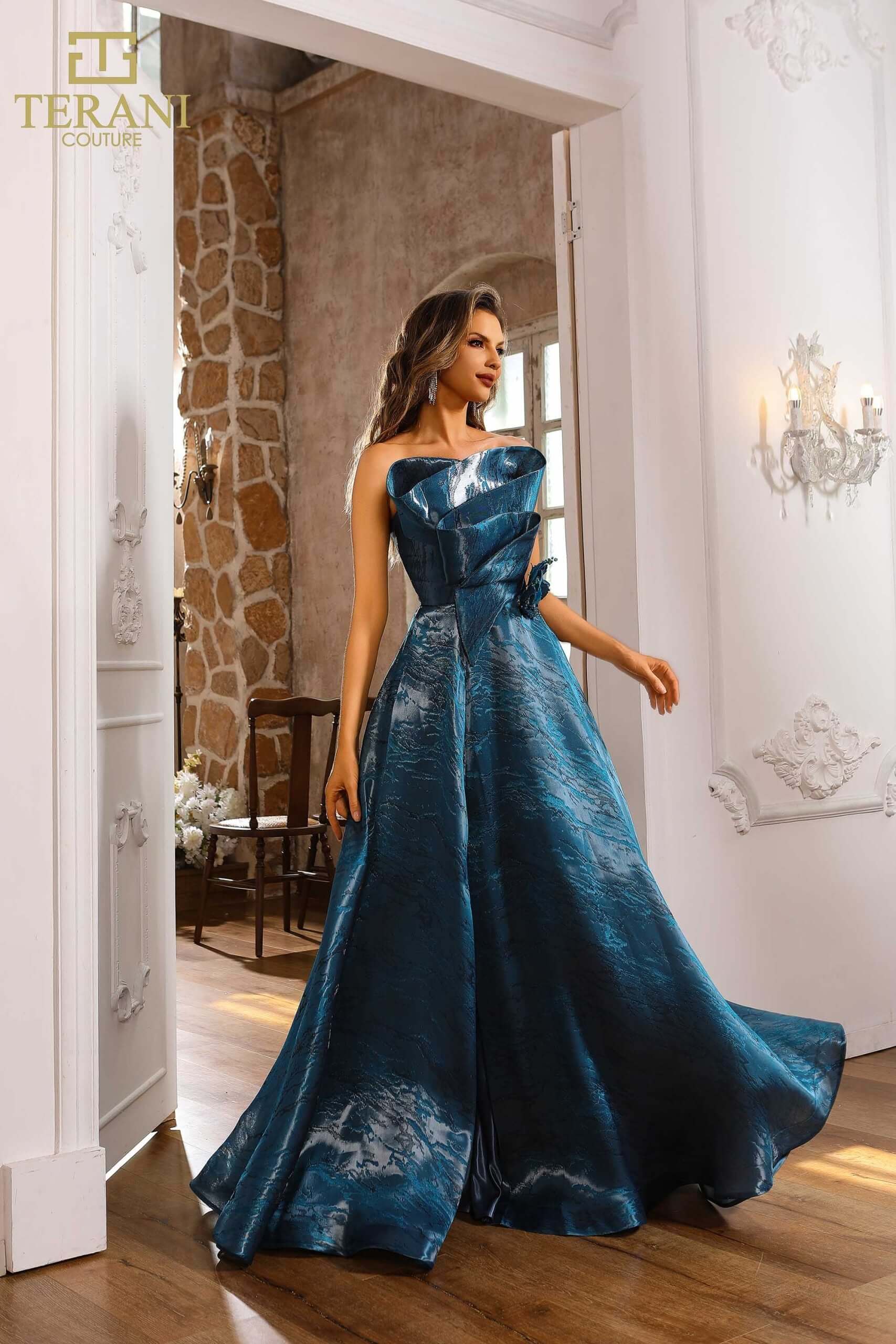 251E4287 TERANI Shimmer Burnout A-Line Sleeveless Blue Evening Dress