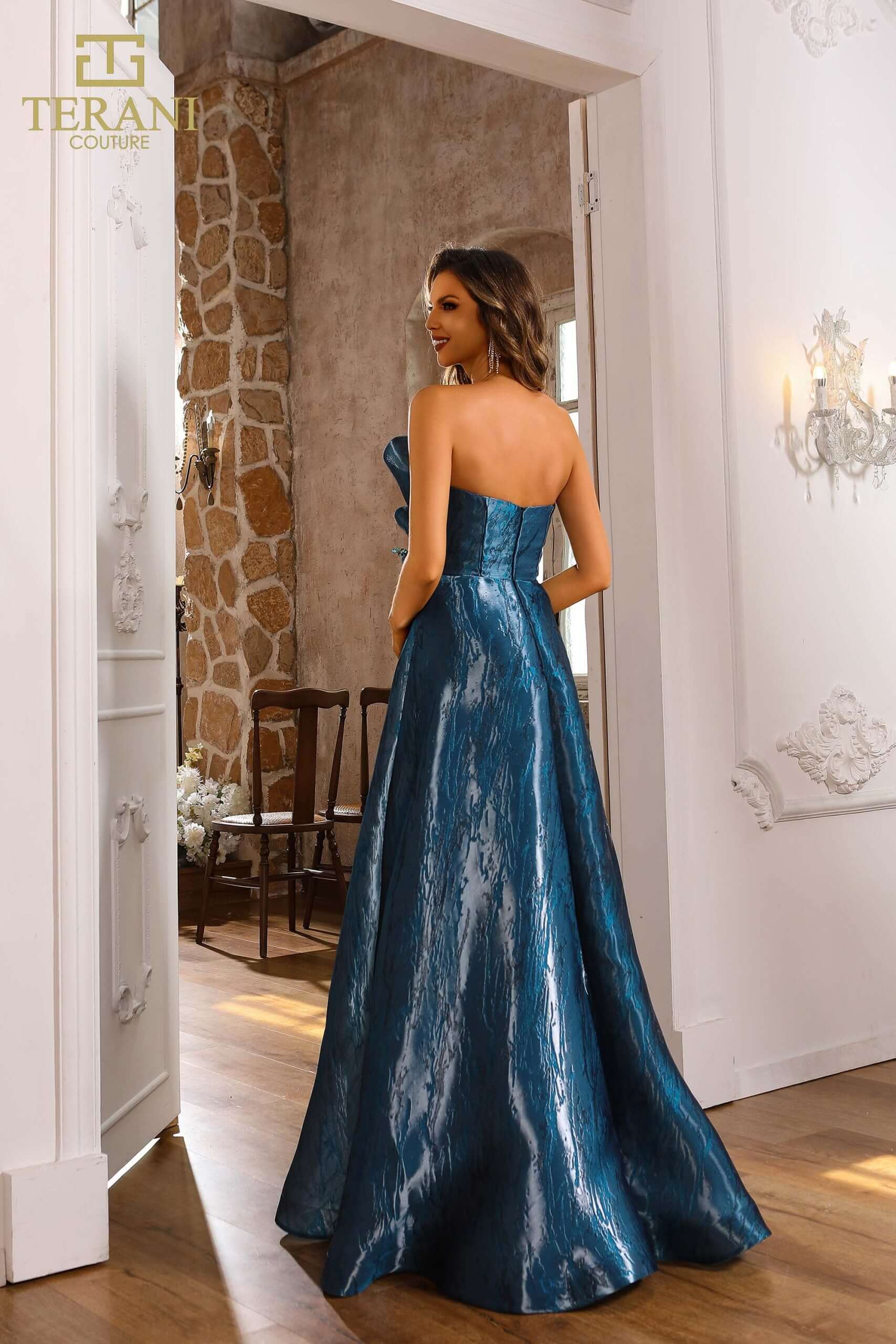251E4287 TERANI Shimmer Burnout A-Line Sleeveless Blue Evening Dress