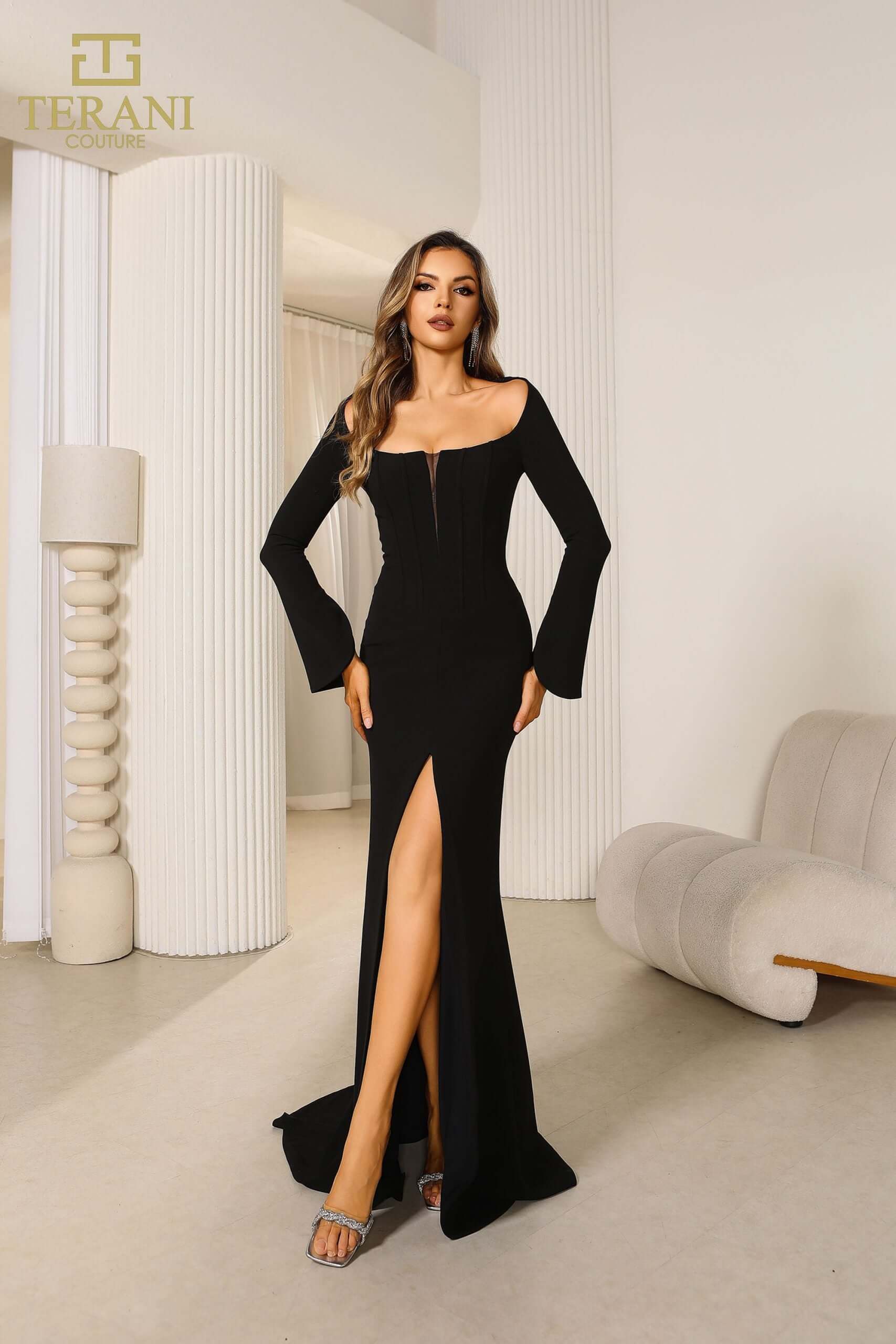 green emerald velvet dress Heavy Beaded Long Sleeve Fit And Flare Dress – MG's Couture