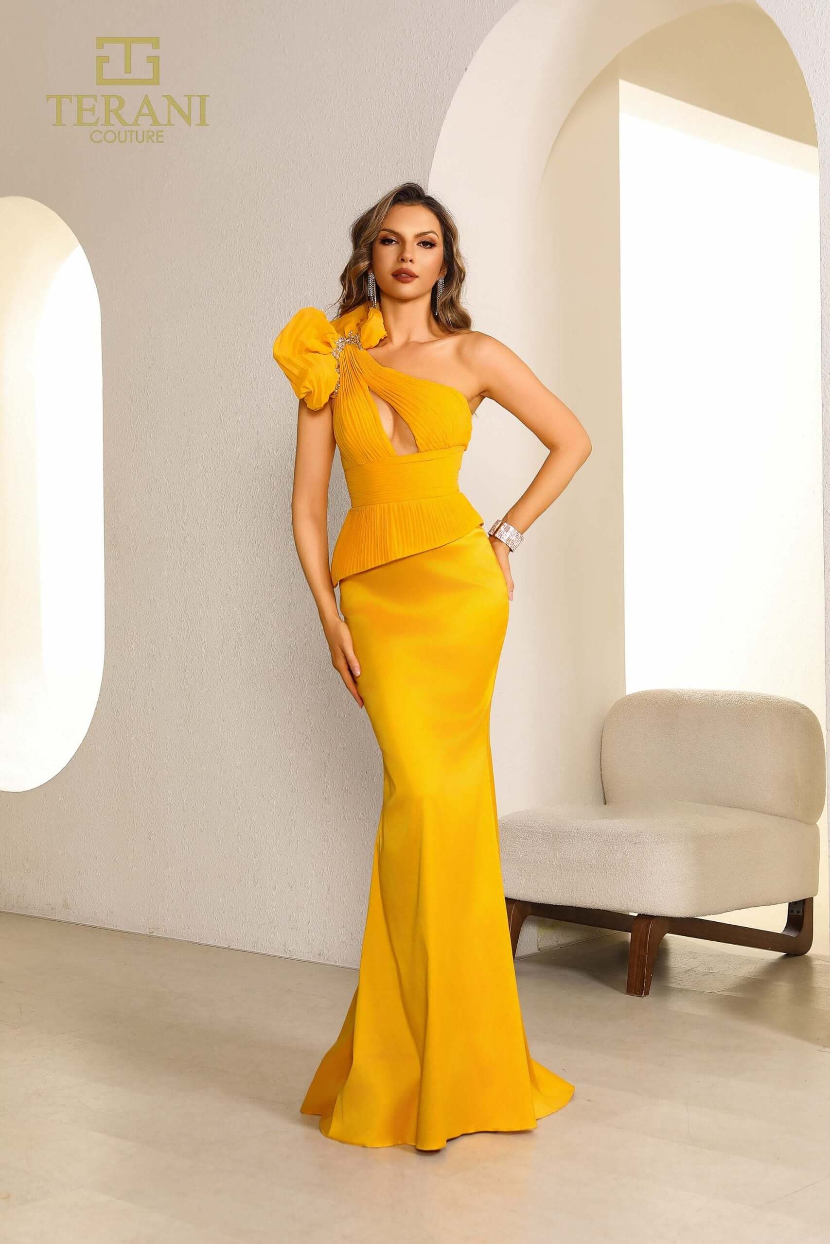251E4578 TERANI Assyemtric Sleeveless Sheath Evening Dress