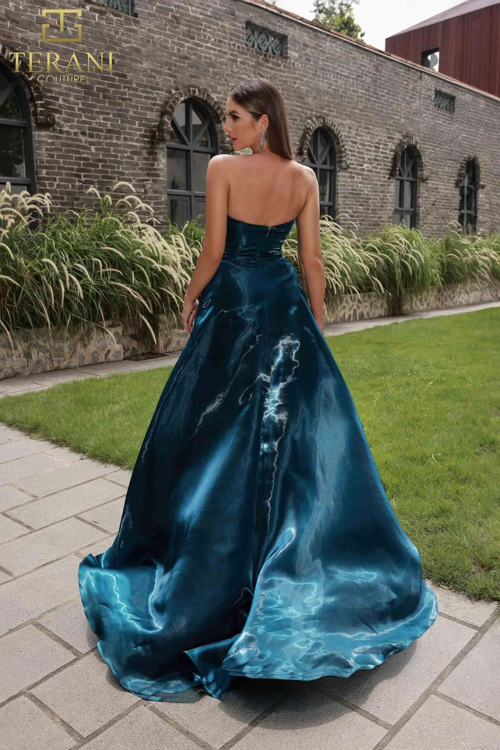 251E4637 TERANI Long Organza A-Line Sleeveless Evening Dress