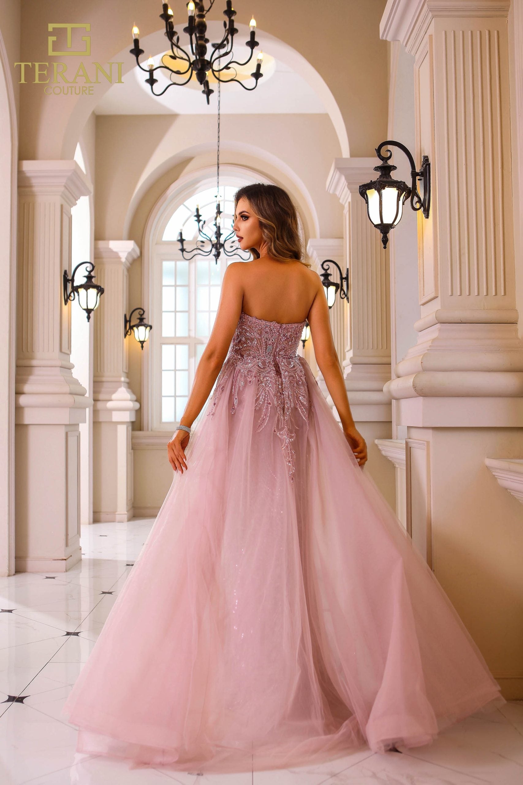 251GL4312 TERANI Sleeveless Beaded Tulle Bodycon Long Blush Dress