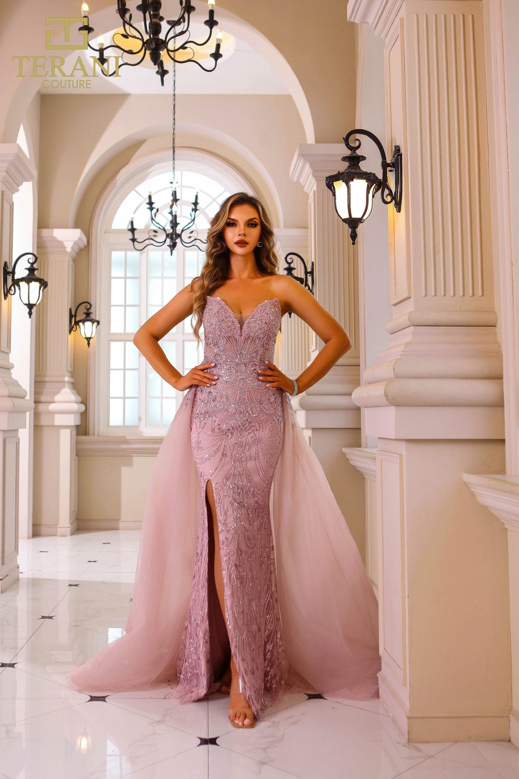 251GL4312 TERANI Sleeveless Beaded Tulle Bodycon Long Blush Dress