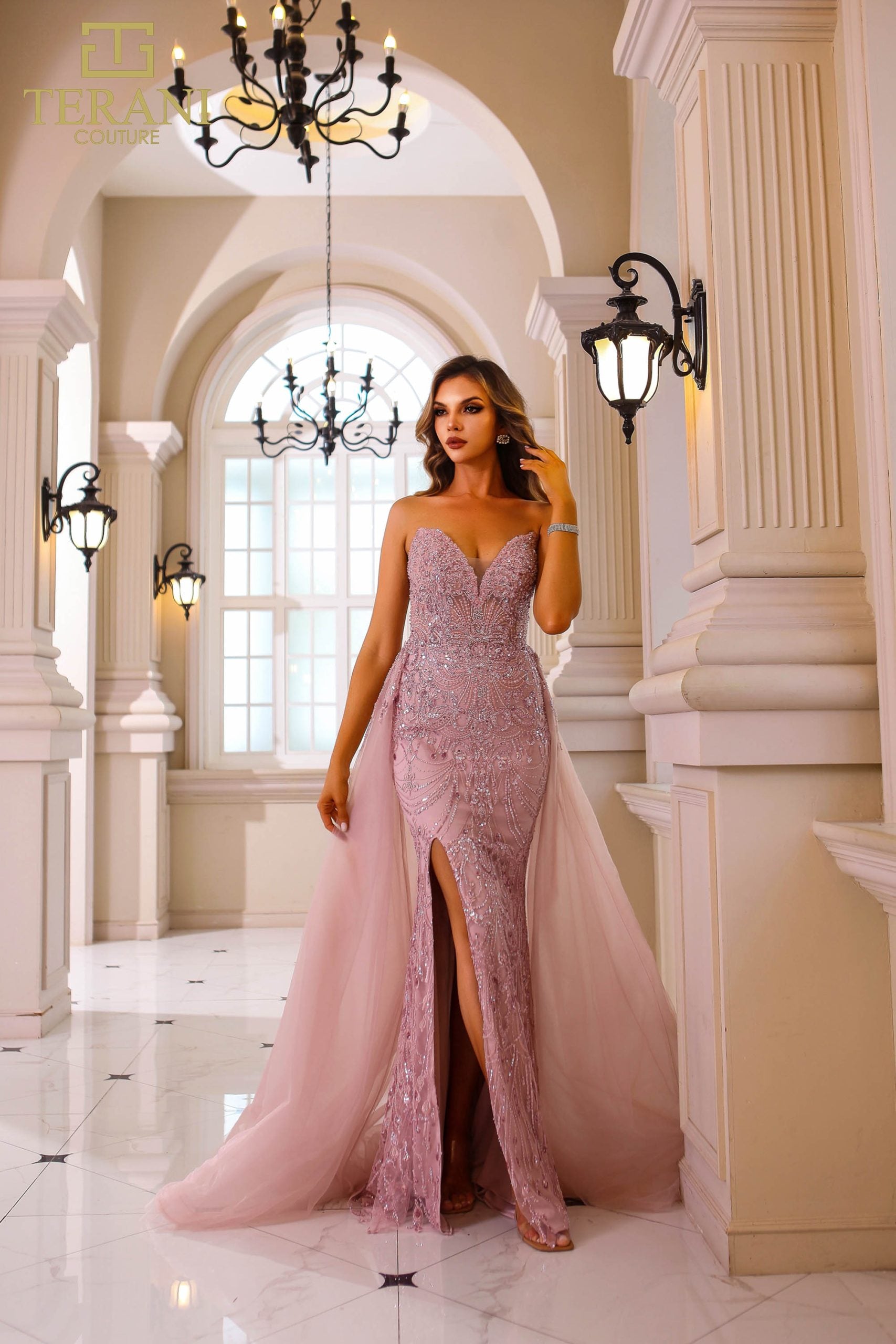 251GL4312 TERANI Sleeveless Beaded Tulle Bodycon Long Blush Dress