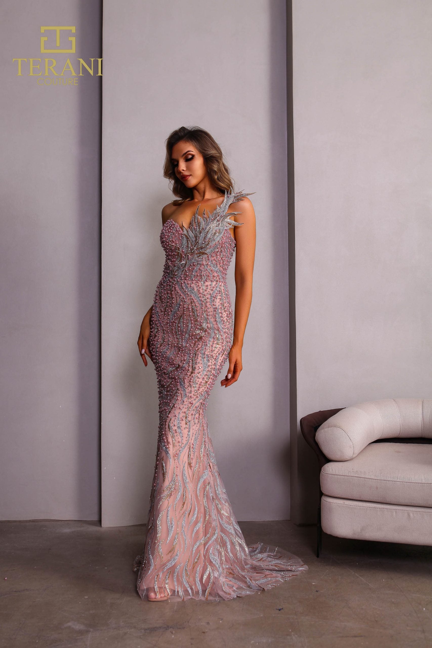 251GL4315 TERANI Asymmetrical Sleeveless Rose Gold Trumpet Pageant Dress