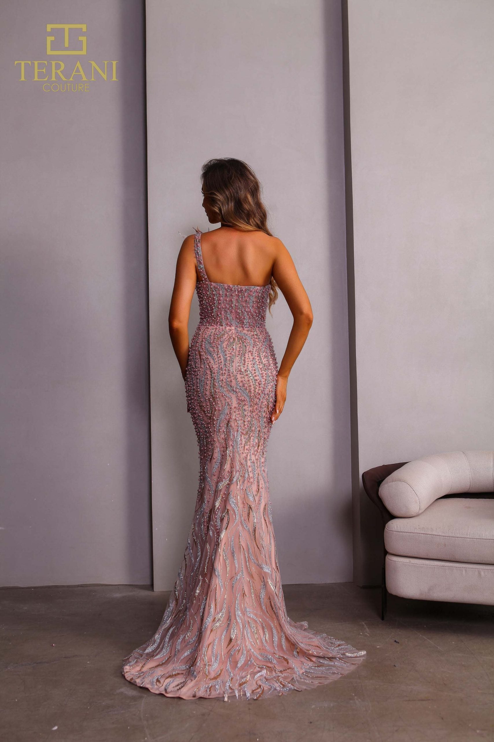 251GL4315 TERANI Asymmetrical Sleeveless Rose Gold Trumpet Pageant Dress