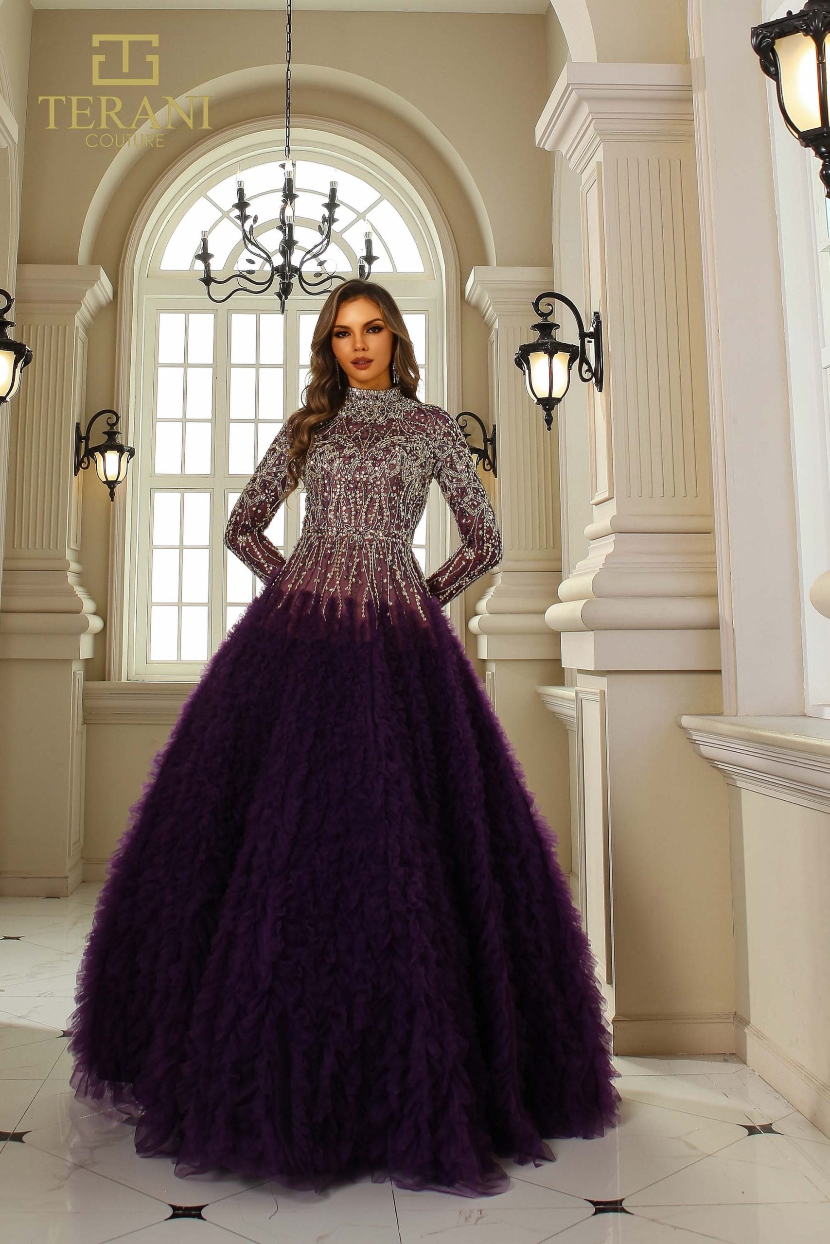 251GL4318 TERANI Round Neck Full Sleeves Beaded Tulle Ballgown Dress