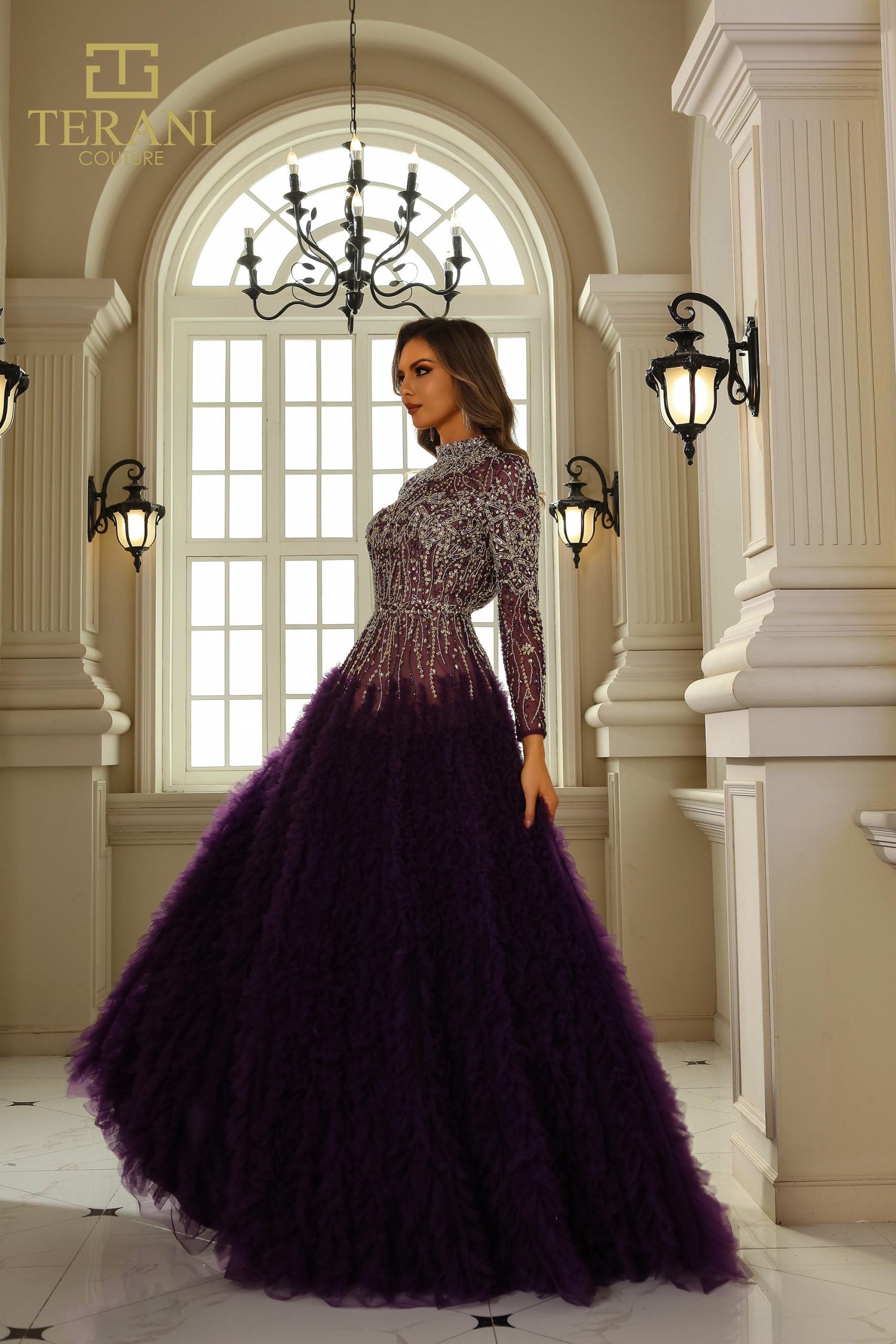 251GL4318 TERANI Round Neck Full Sleeves Beaded Tulle Ballgown Dress