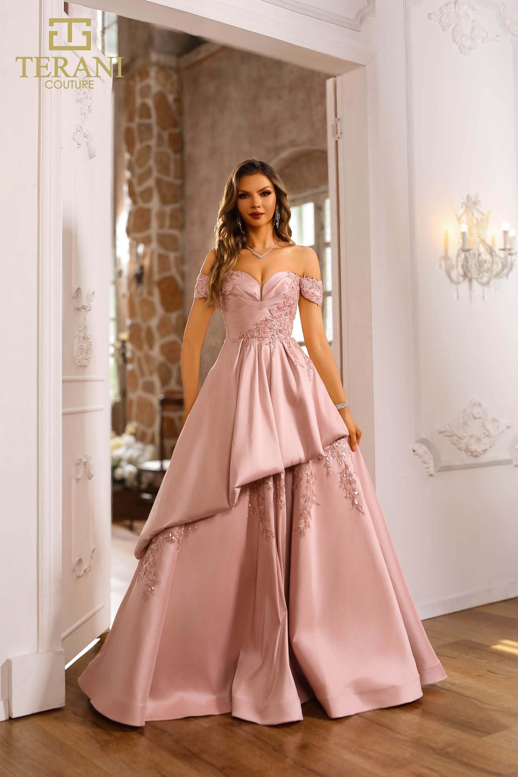 251M4062 TERANI Satin Off The Shoulder Blush Ballgown