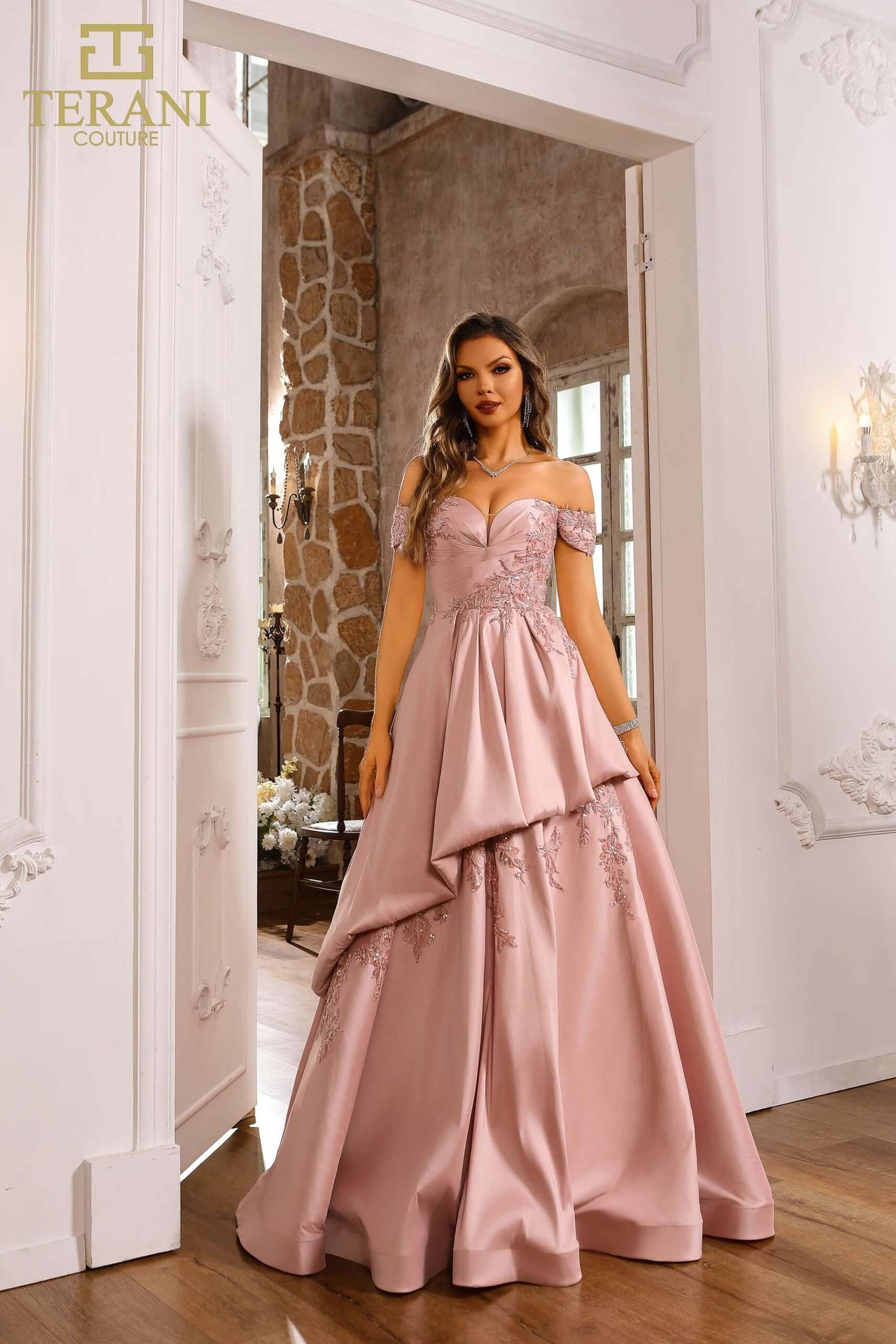 251M4062 TERANI Satin Off The Shoulder Blush Ballgown