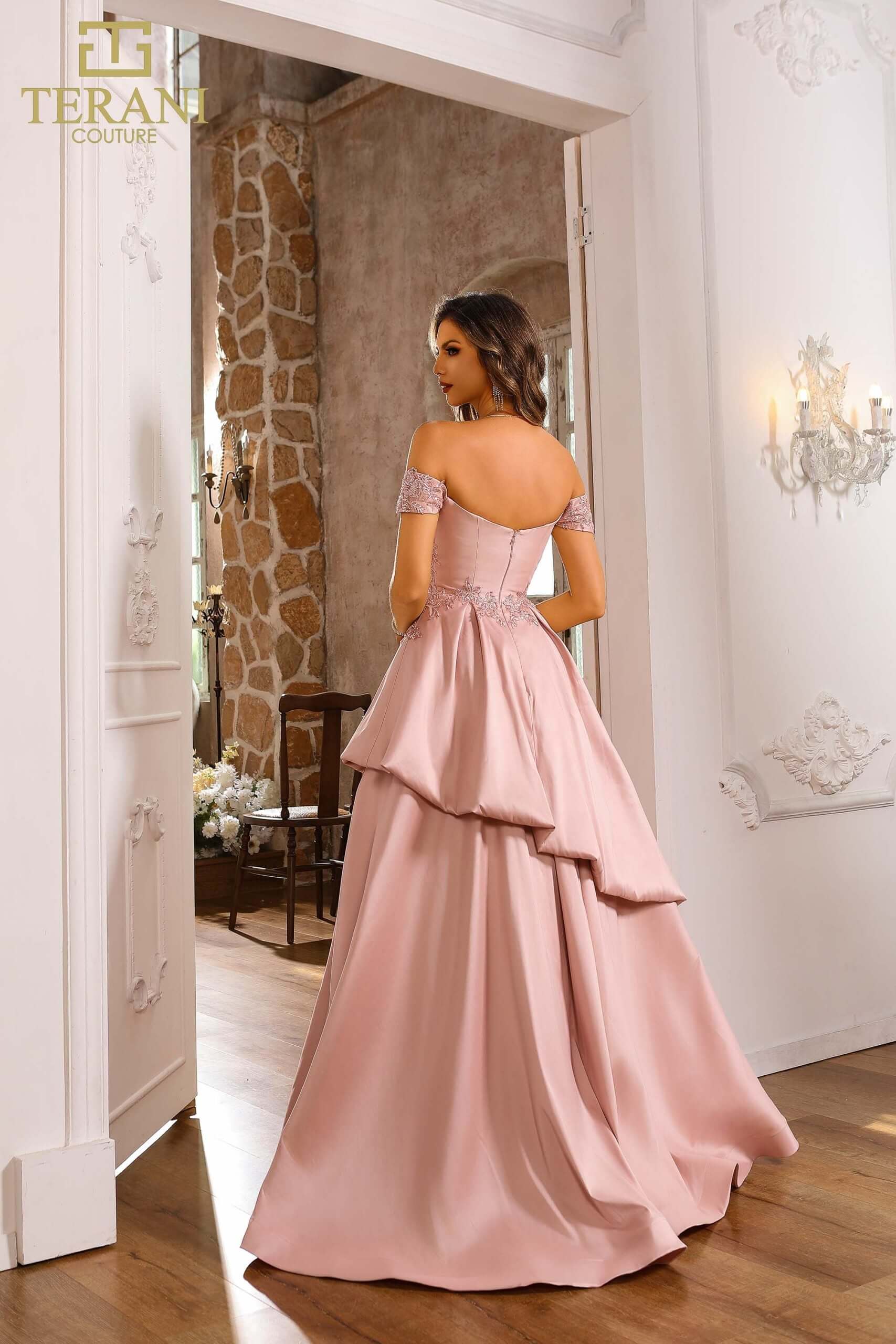 251M4062 TERANI Satin Off The Shoulder Blush Ballgown