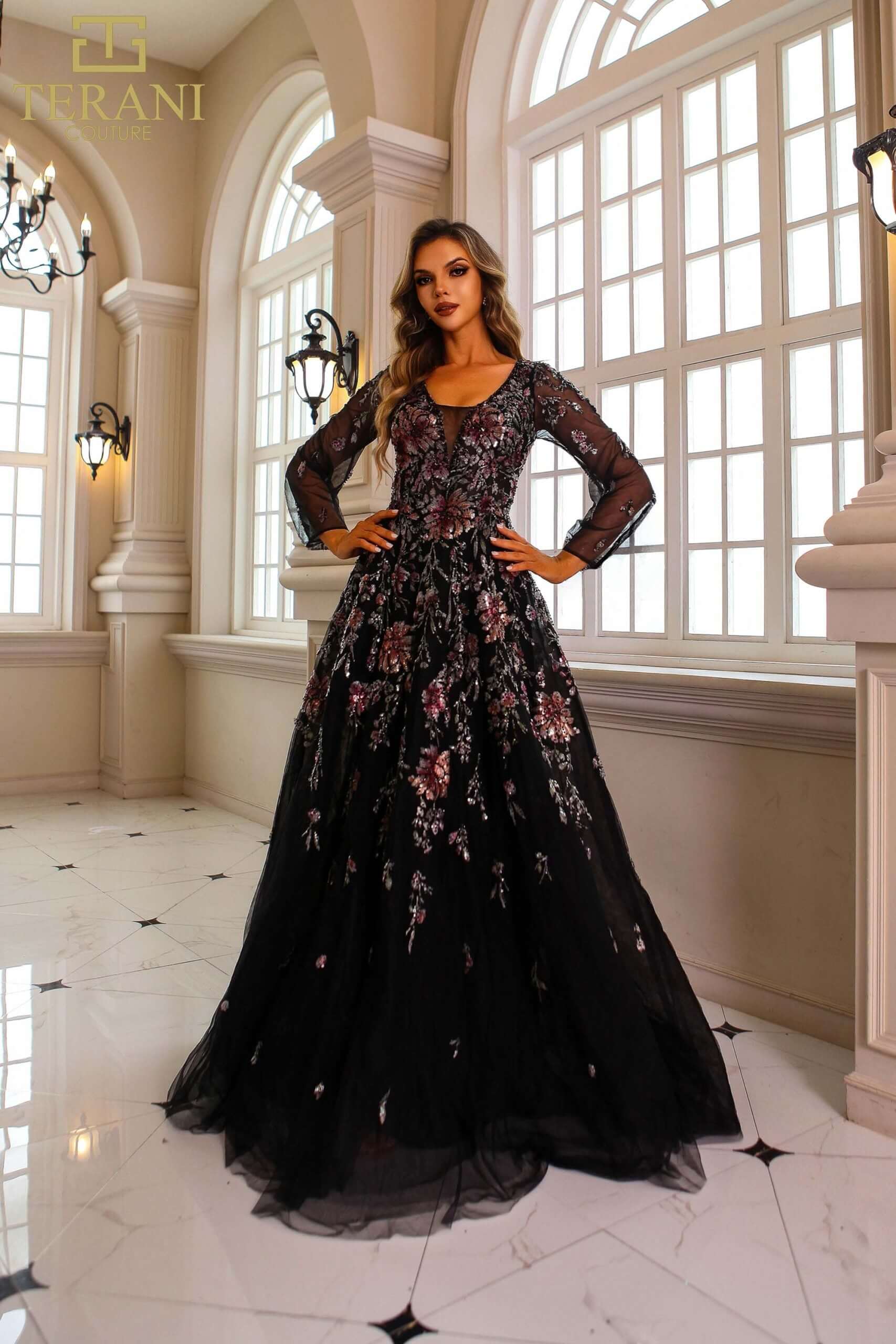 251M4408 TERANI Full Sleeves Scoop Neck Beaded Tulle Ballgown Dress