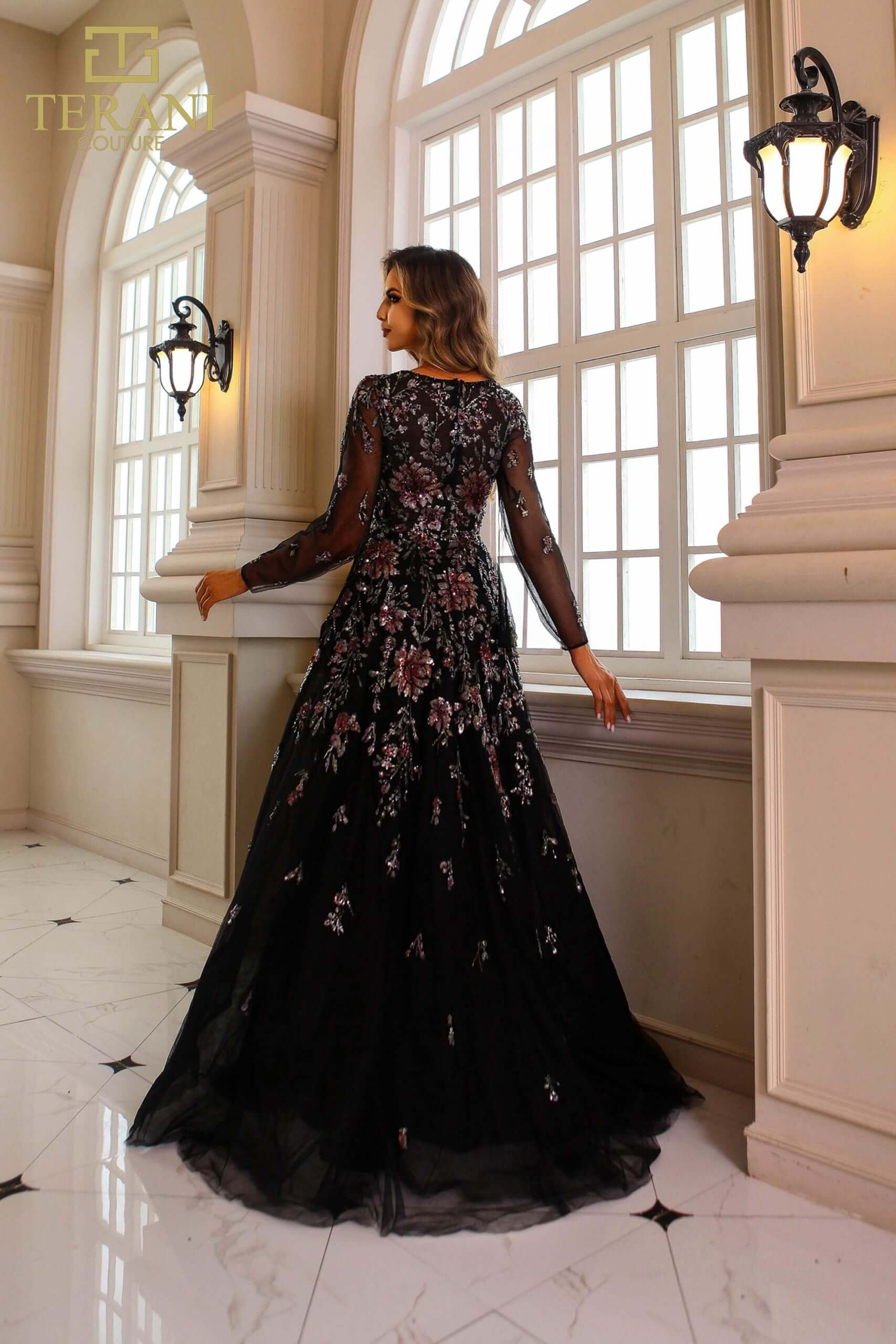 251M4408 TERANI Full Sleeves Scoop Neck Beaded Tulle Ballgown Dress
