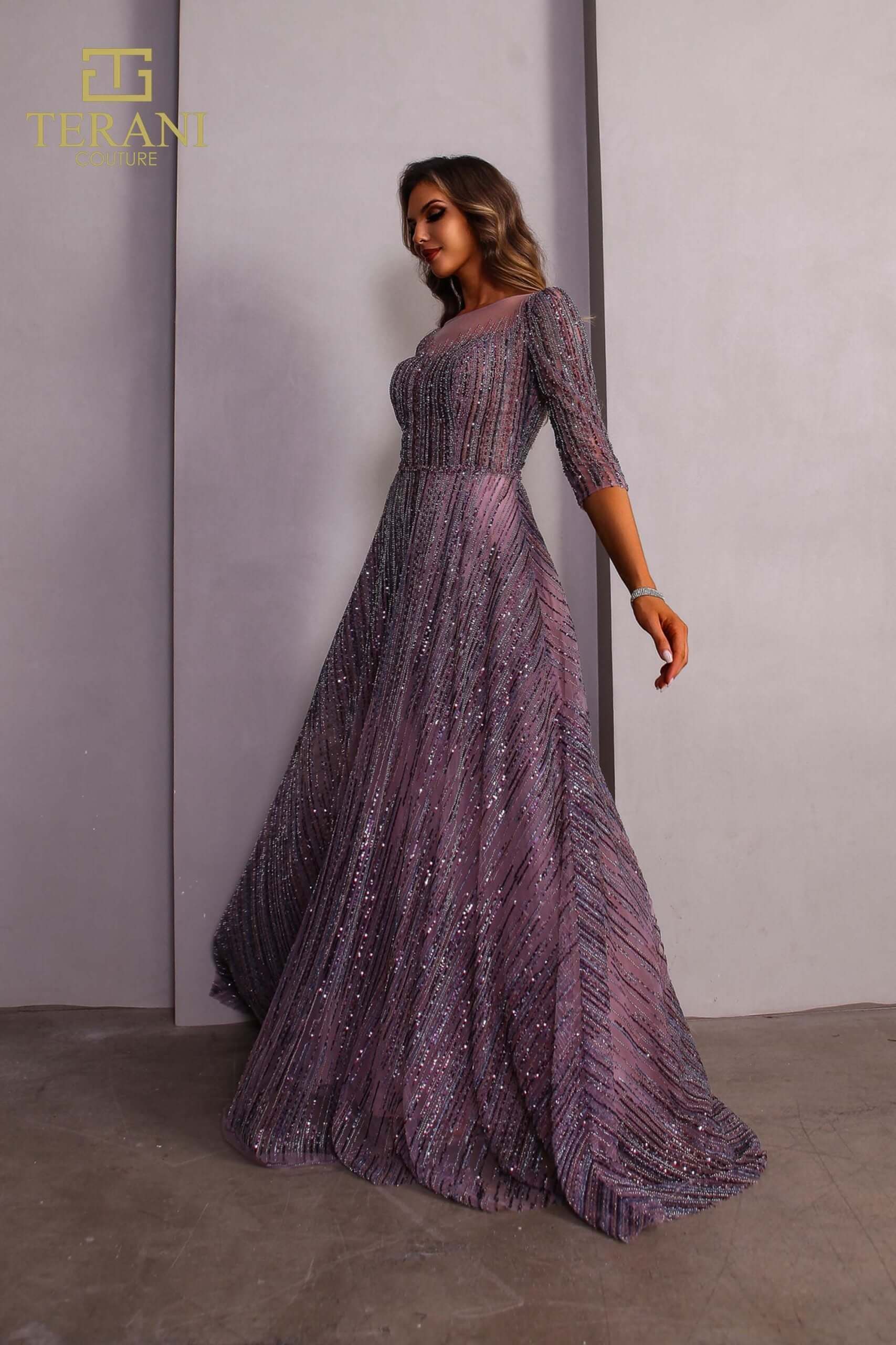 251M4409 TERANI Illussion Neck Beaded Tulle Long Sleeves Ballgown
