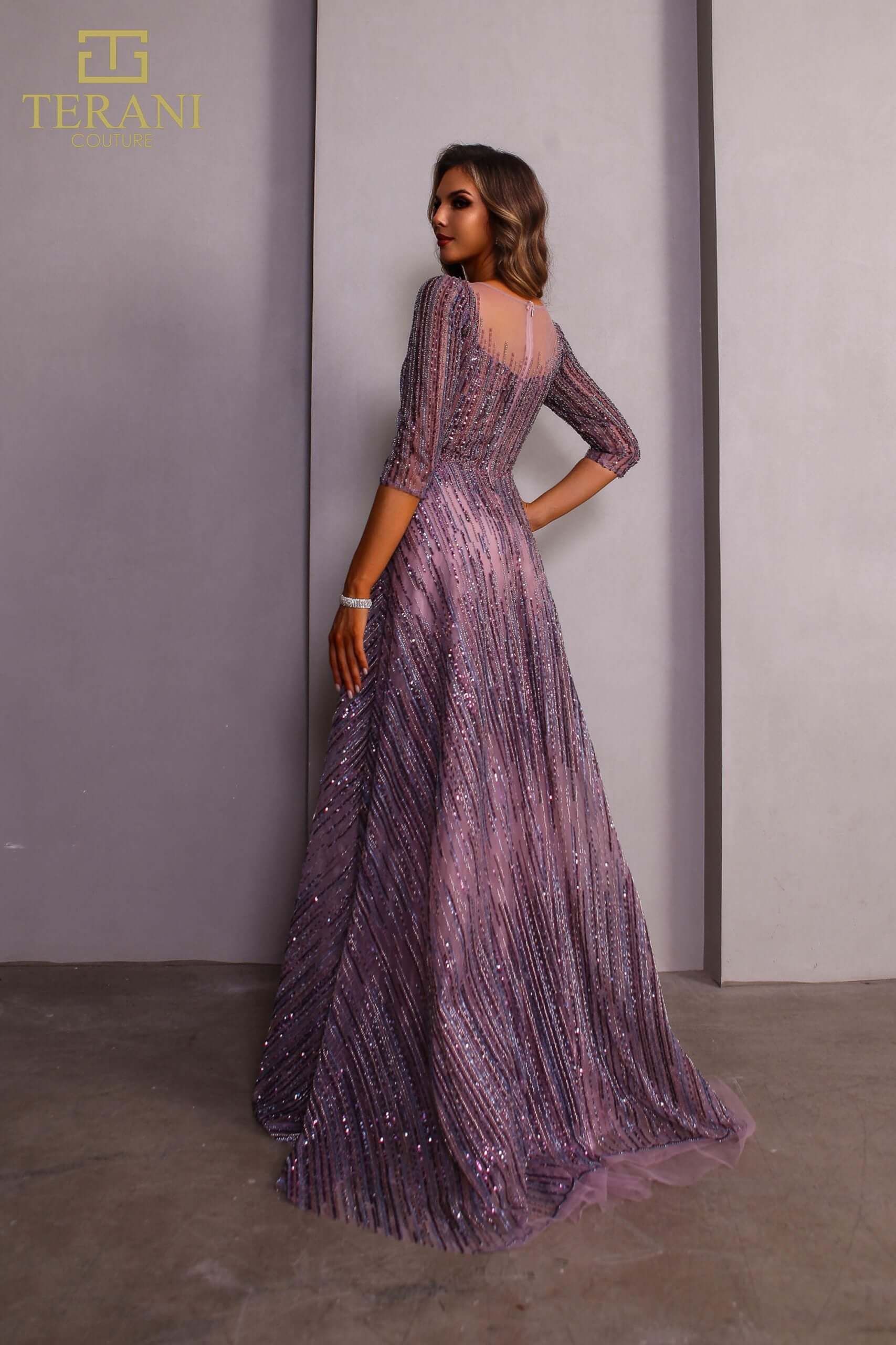 251M4409 TERANI Illussion Neck Beaded Tulle Long Sleeves Ballgown
