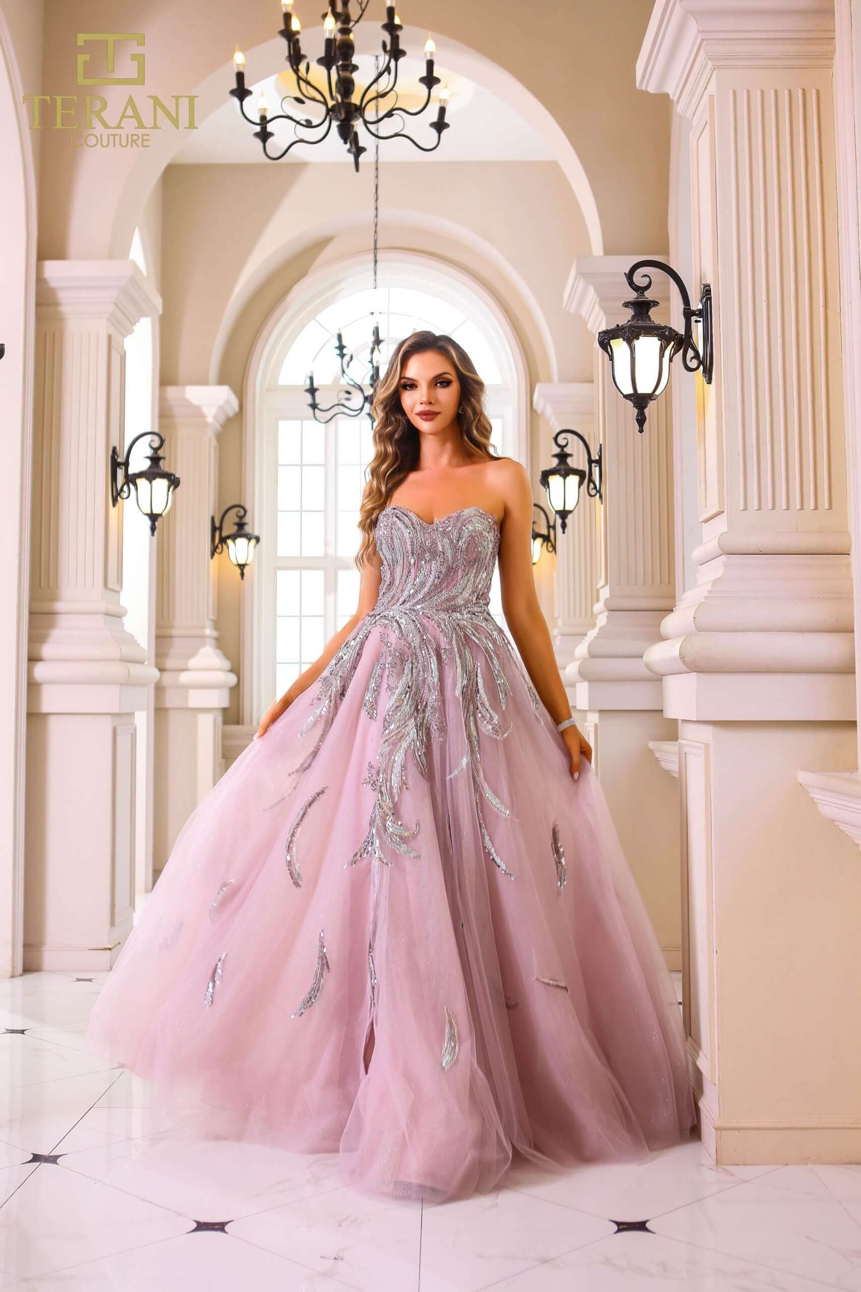 251M4410 TERANI Beaded Tulle Sleeveless Sweetheart Ballgown Dress