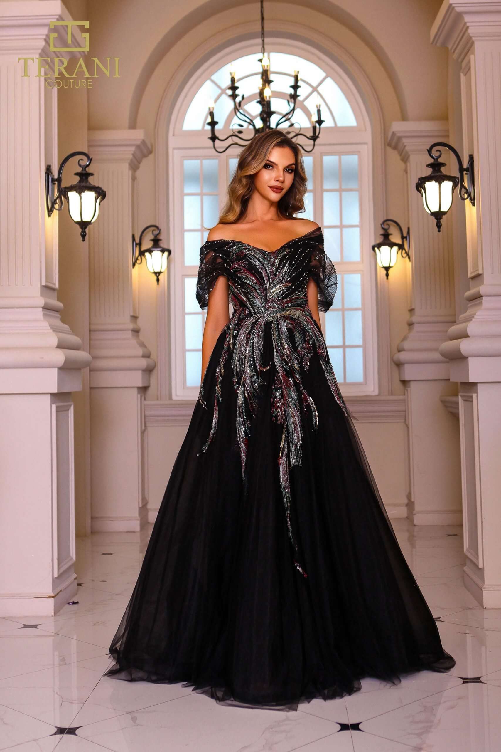 251M4411 TERANI Off The Shoulder Cap Sleeves Beaded Tulle Ballgown Dress