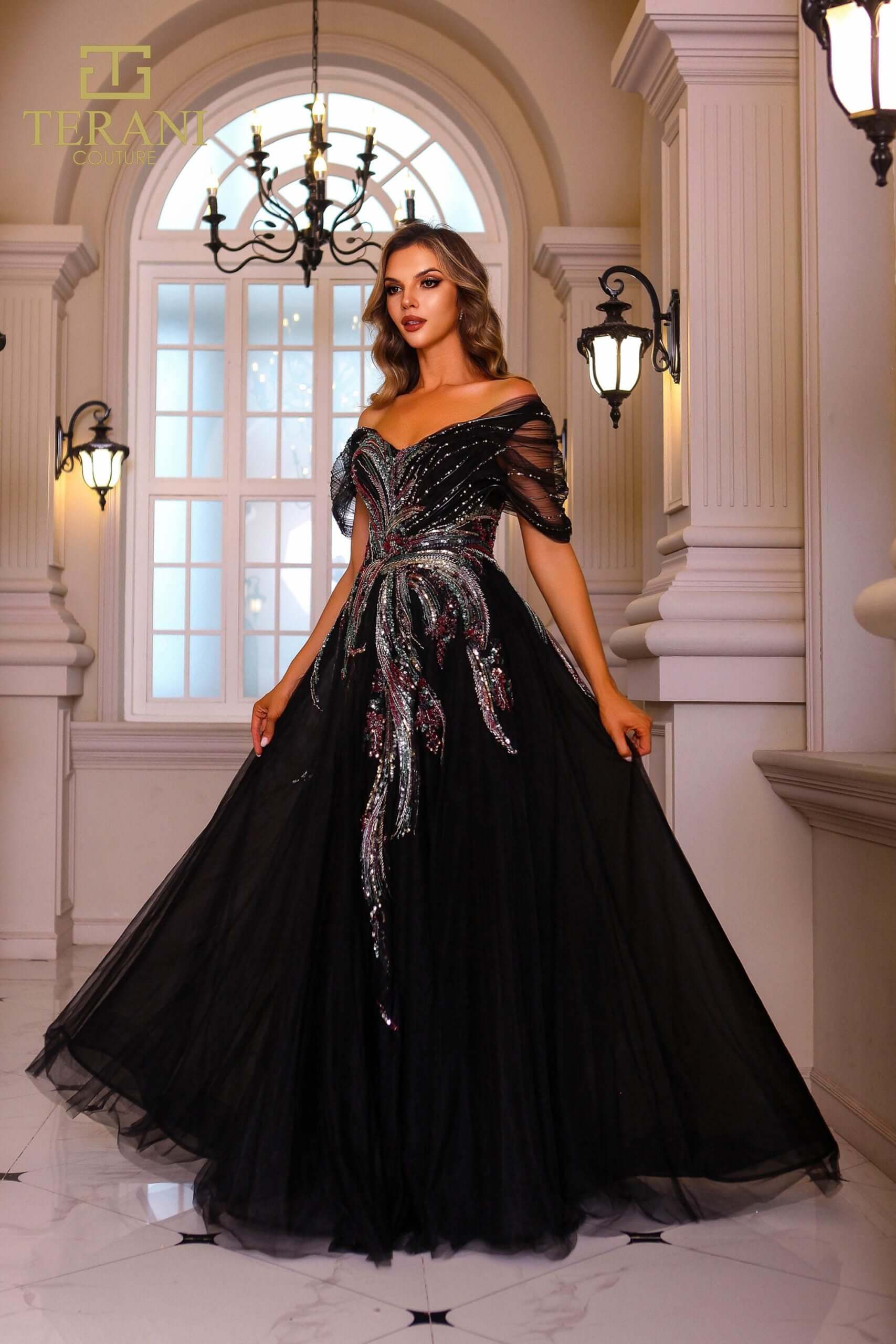 251M4411 TERANI Off The Shoulder Cap Sleeves Beaded Tulle Ballgown Dress