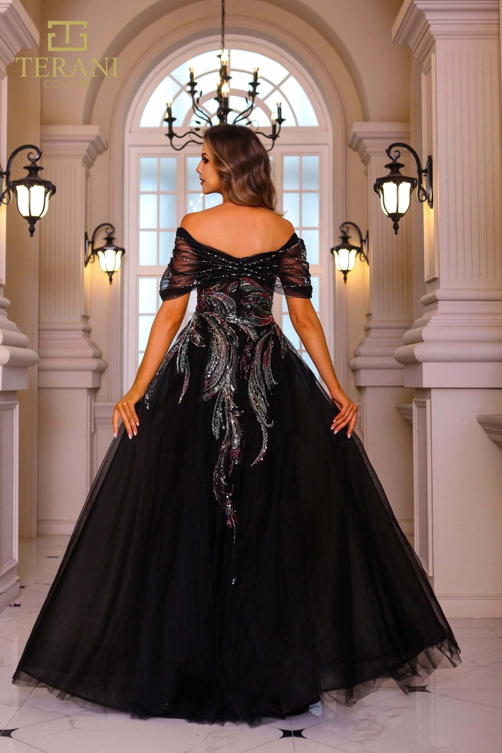 251M4411 TERANI Off The Shoulder Cap Sleeves Beaded Tulle Ballgown Dress