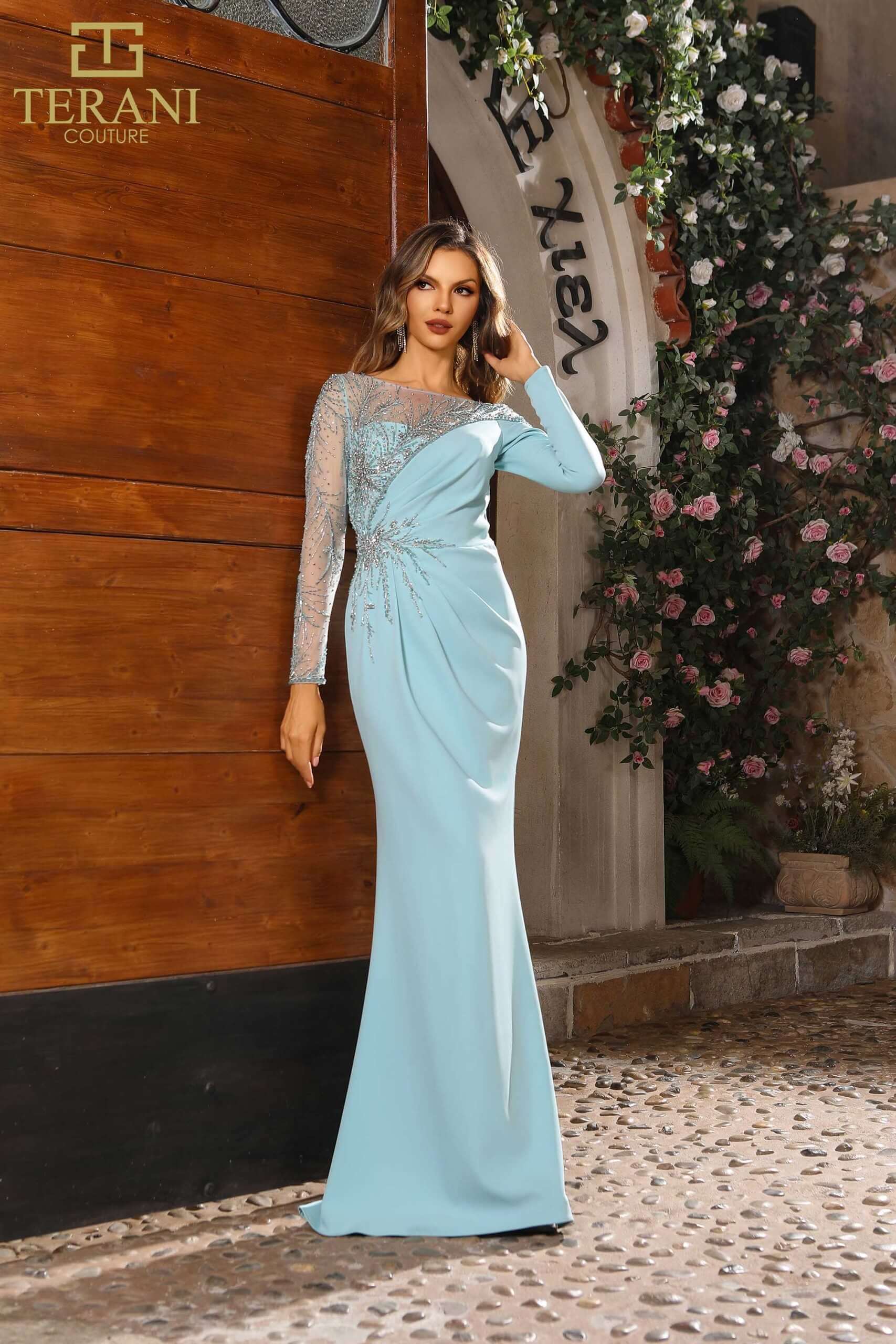 251M4423 TERANI Illussion Neck Full Sleeves Sheath Long Dress
