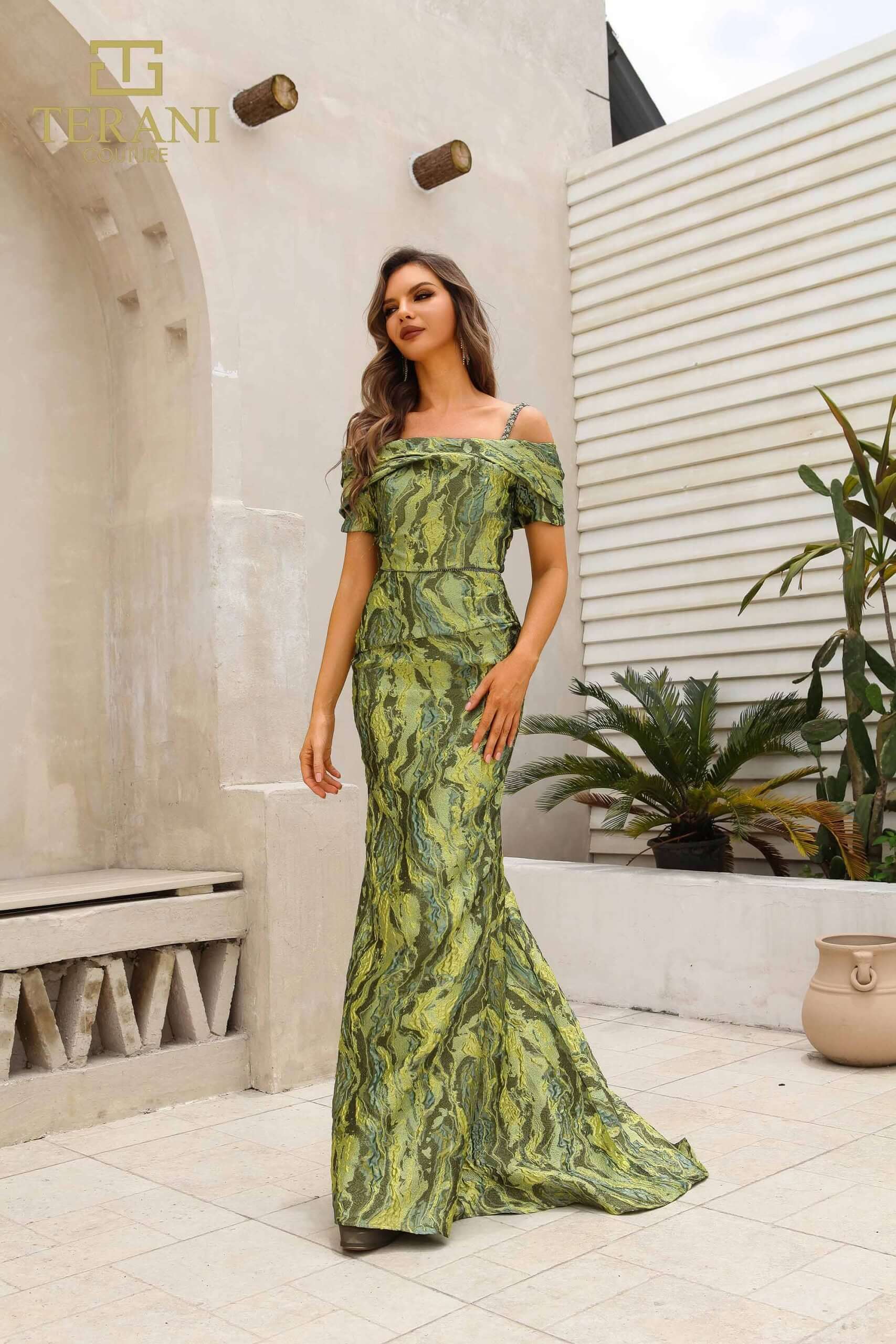 251M4434 TERANI Off The Shoulder Cap Sleeves Sheath Long Dress