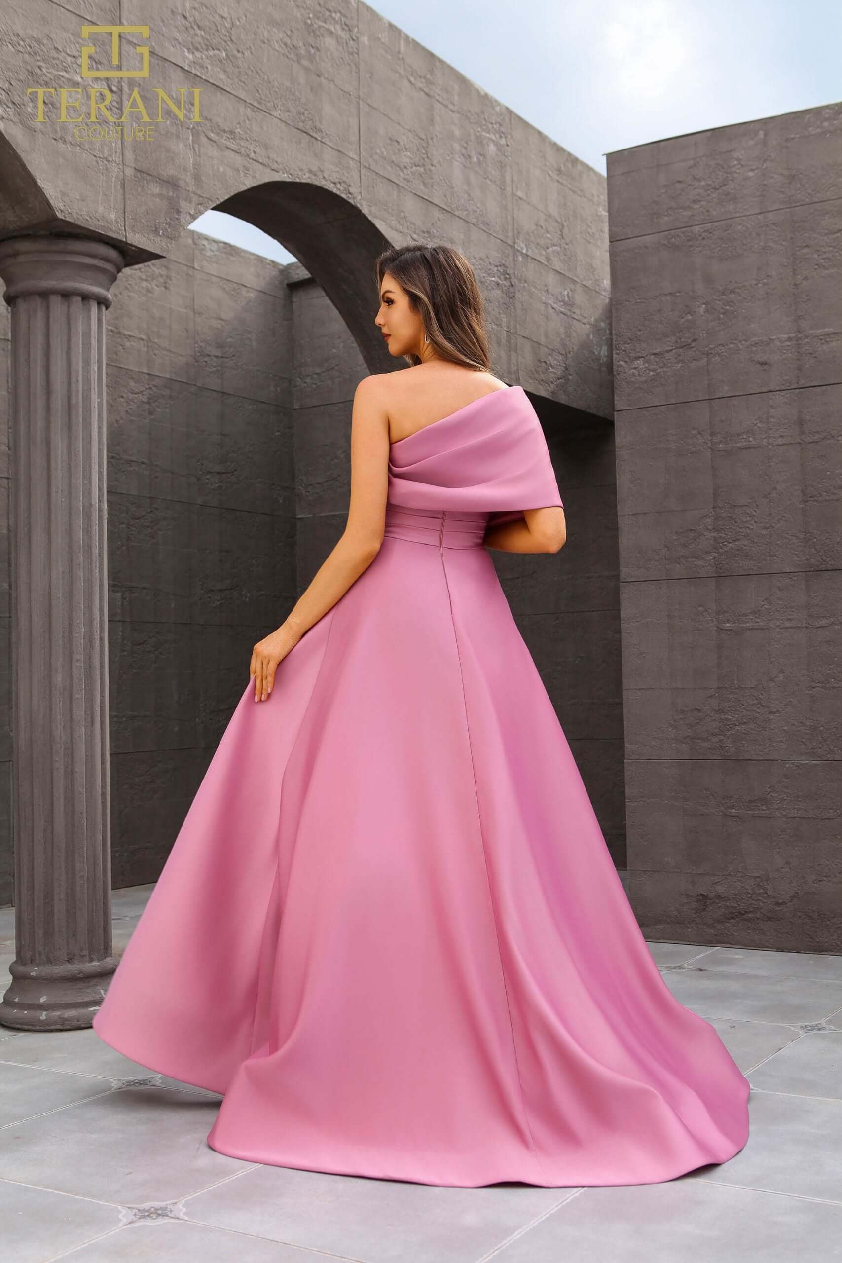 251M4441 TERANI Matte Satin A-line One Shoulder Long Dress