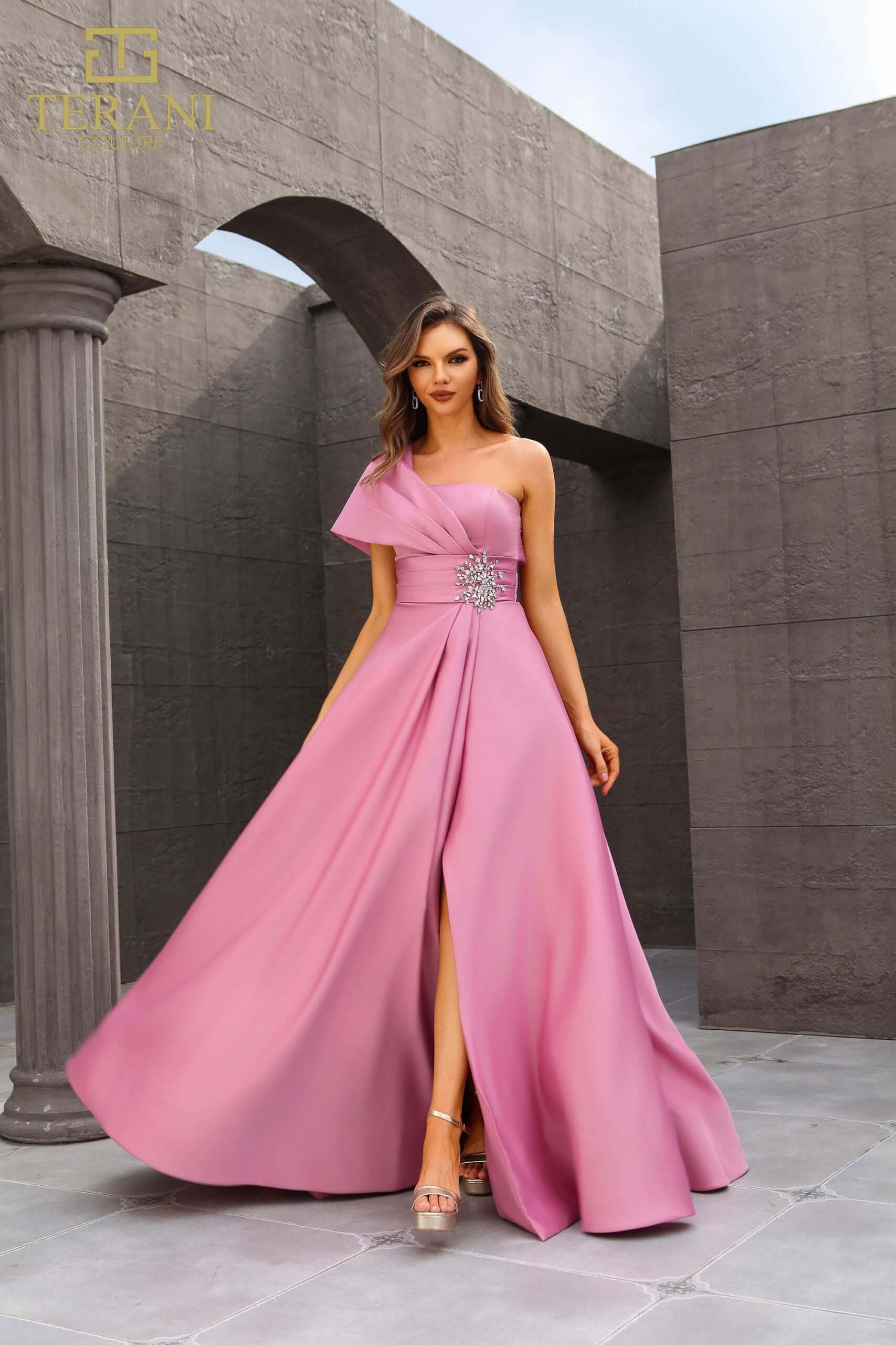 251M4441 TERANI Matte Satin A-line One Shoulder Long Dress