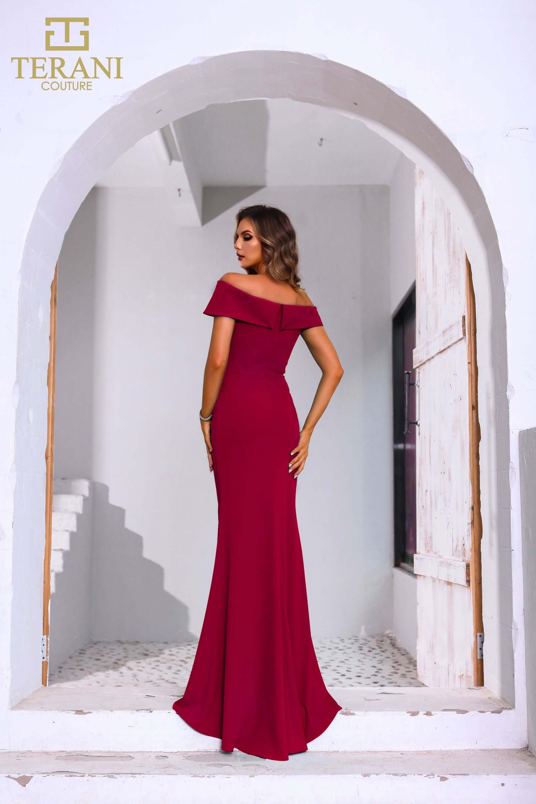 251M4444 TERANI Off The Shoulder Stretch Crepe Long Fit And Flare Dress