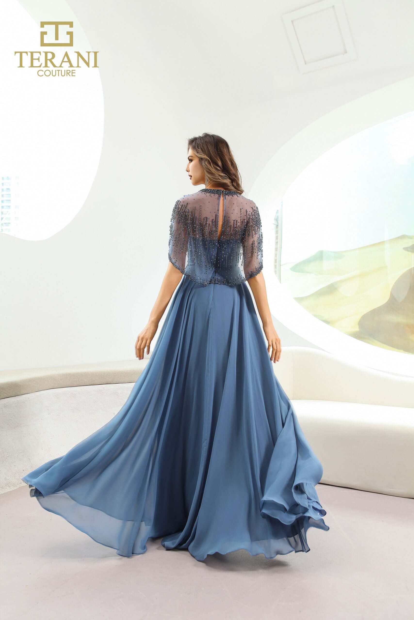 251M4563 TERANI Illussion Neck Chiffon Long A-line Dress