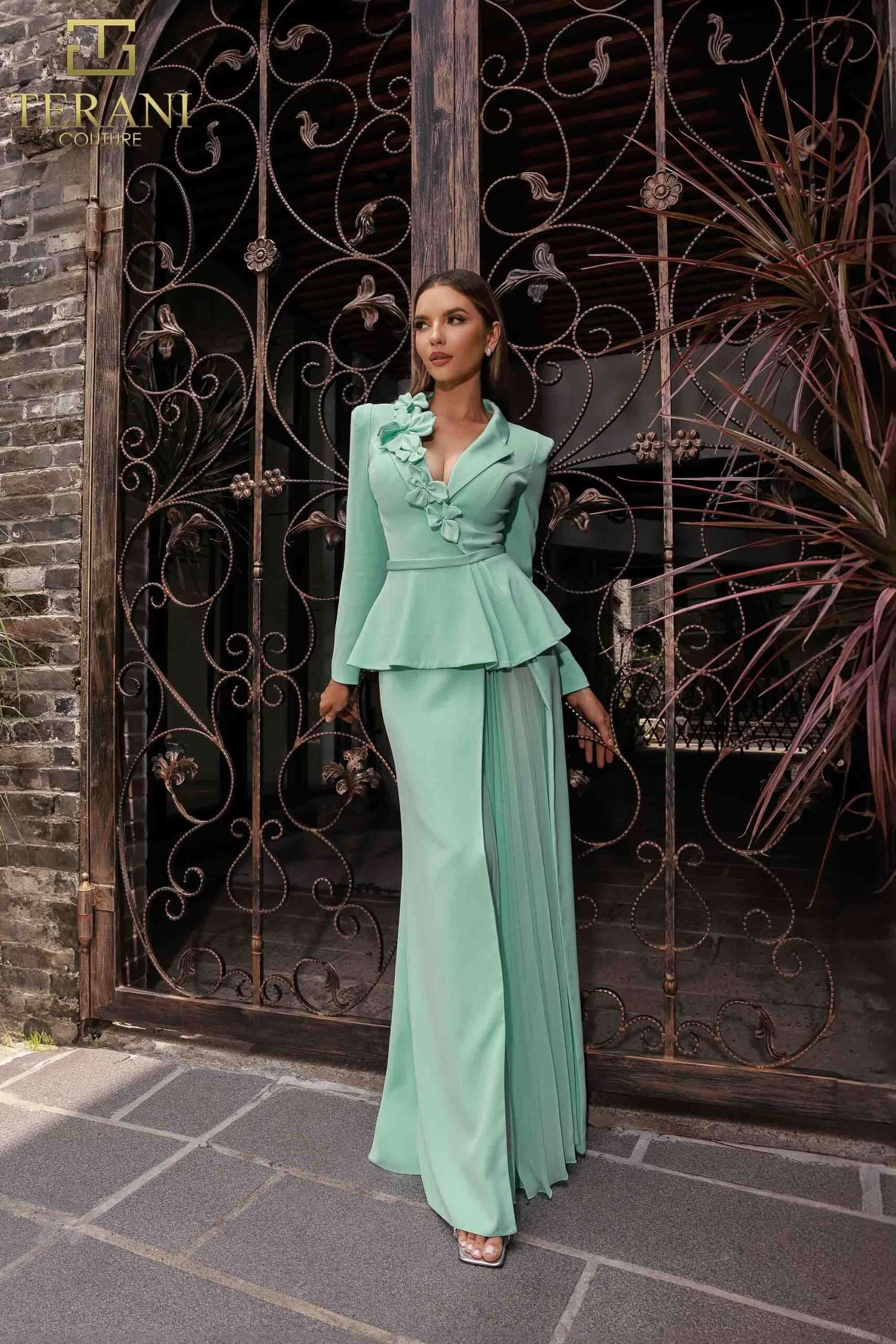 251M4572 TERANI V-neck Full Sleeves Long Sheath Dress