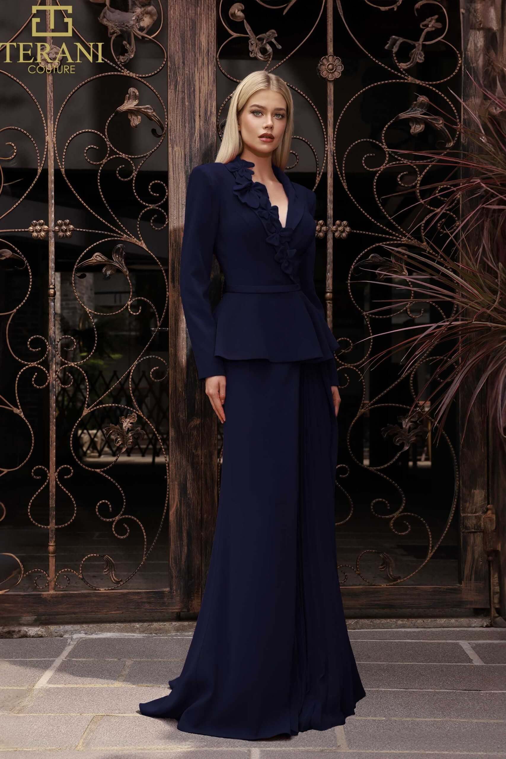 251M4572 TERANI V-neck Full Sleeves Long Sheath Dress