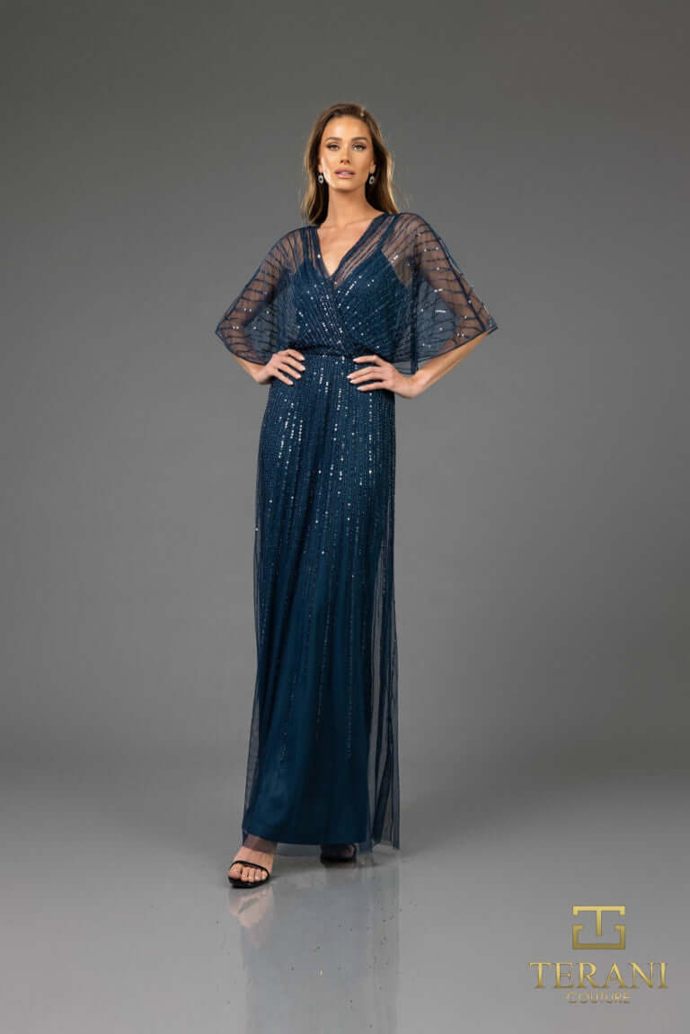 251M4613 TERANI V-neck Sequin Long A-line Dress