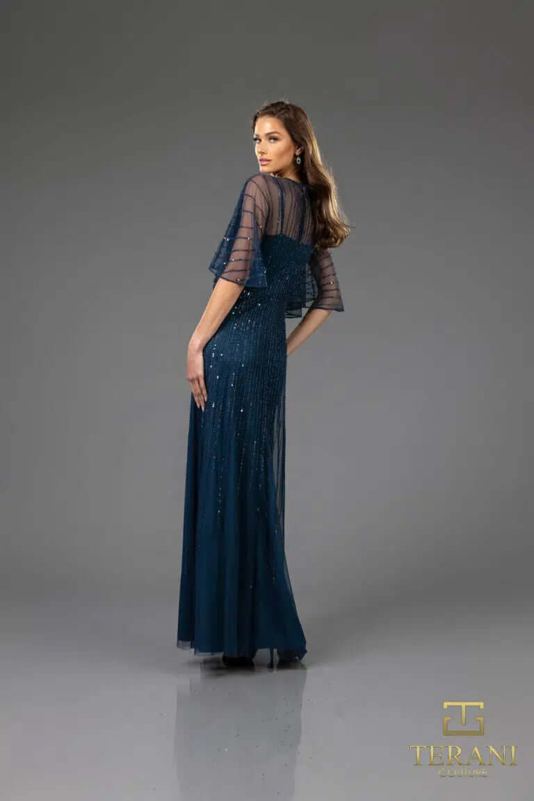 251M4613 TERANI V-neck Sequin Long A-line Dress