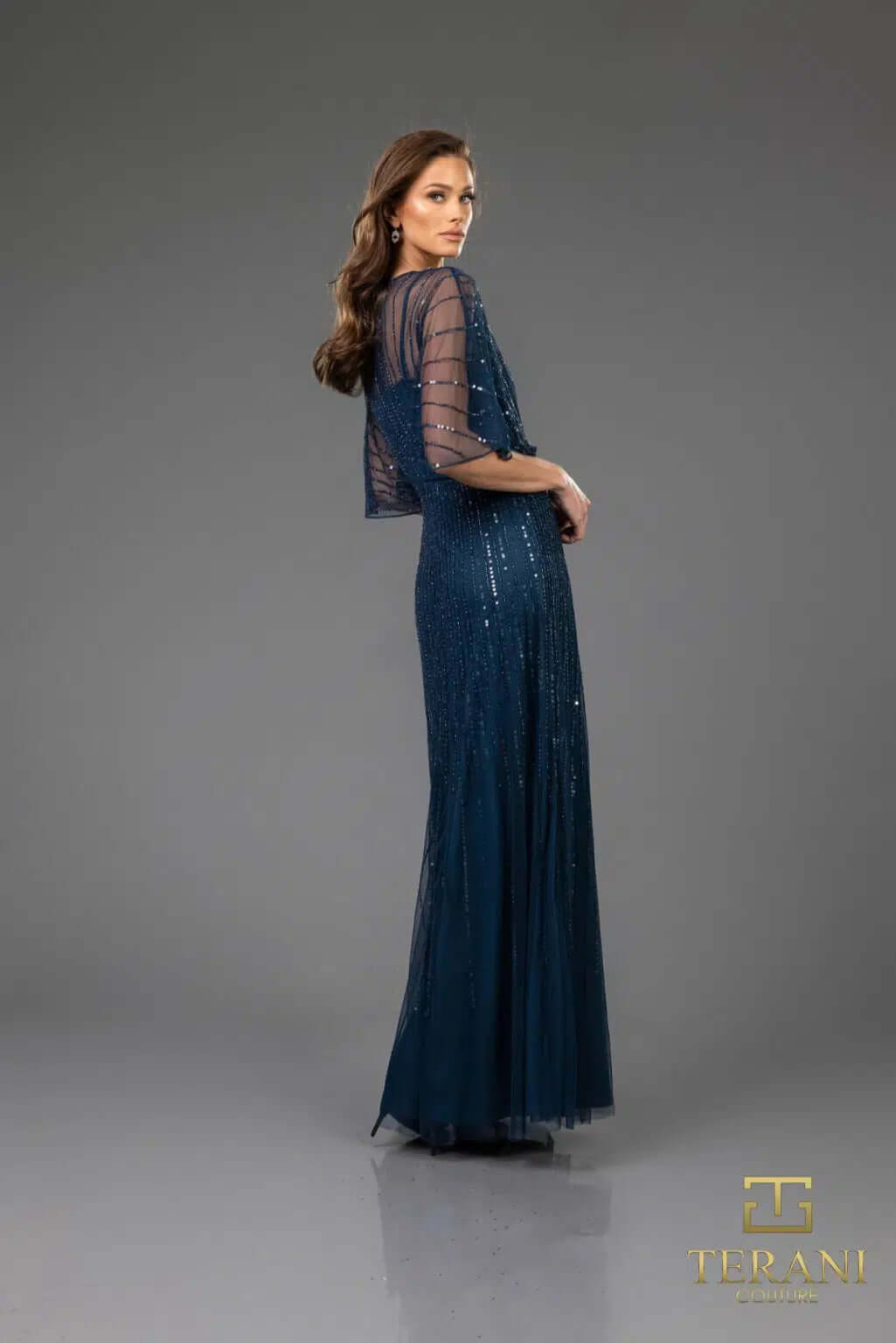 251M4613 TERANI V-neck Sequin Long A-line Dress