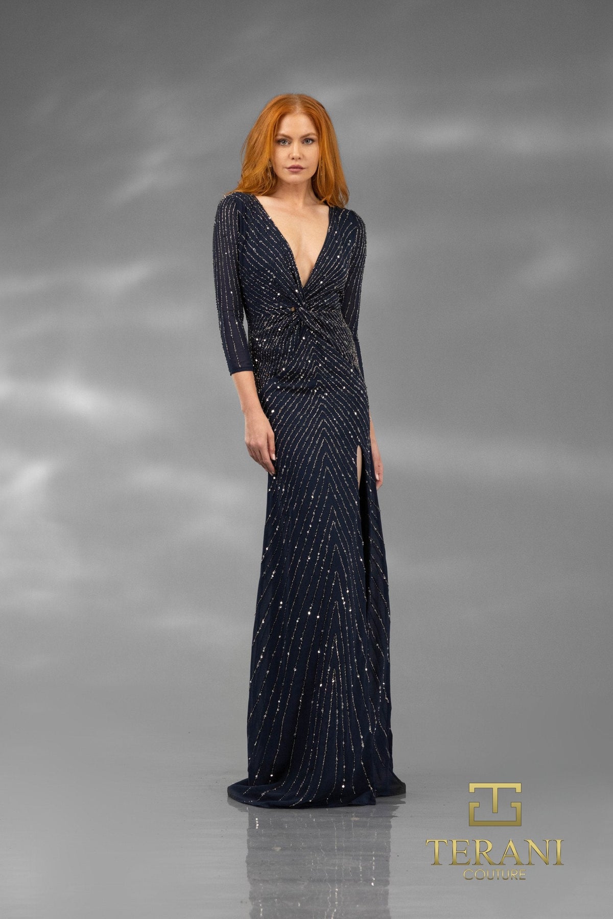Terani Couture 251M4614 – Sheath V-neck Sequin Long Dress
